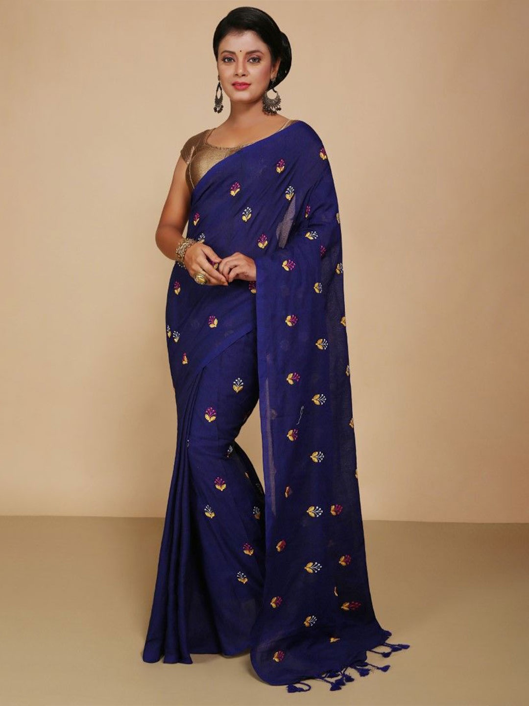 

BENGAL HANDLOOM Floral Art Silk Taant Saree, Blue