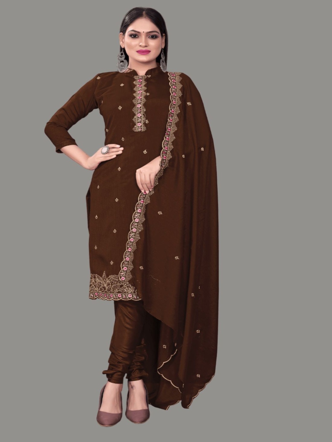 

A TO Z CART Floral Embroidered Sequinned Pure Silk Unstitched Dress Material, Brown