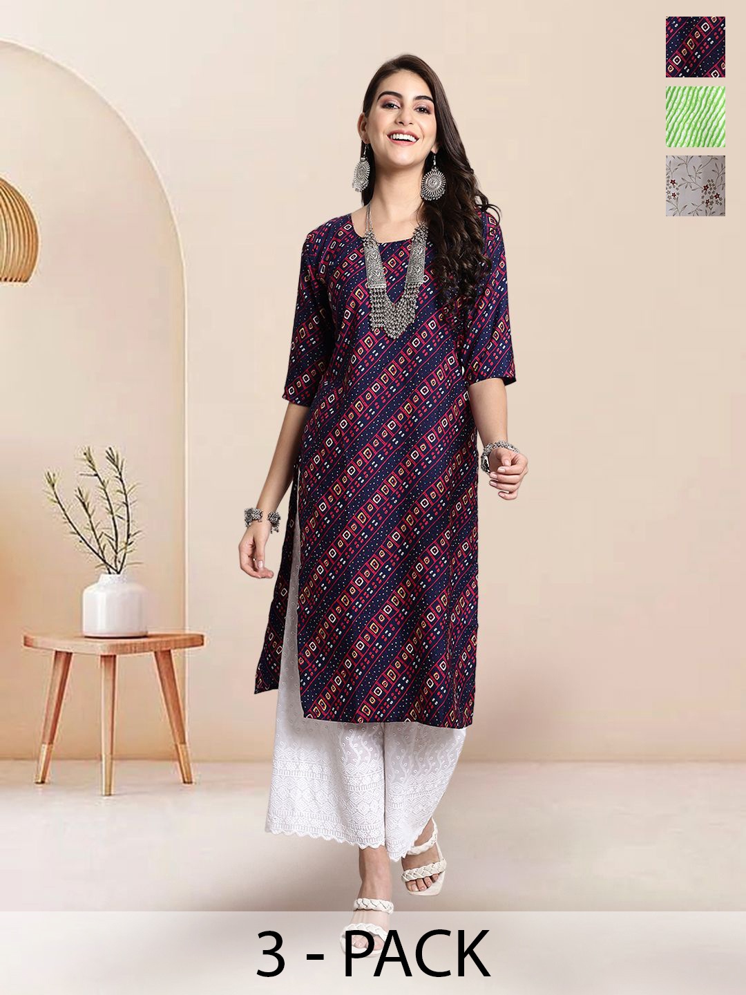

7Threads Selection Of 3 Geometric Printed Kurtas, Navy blue