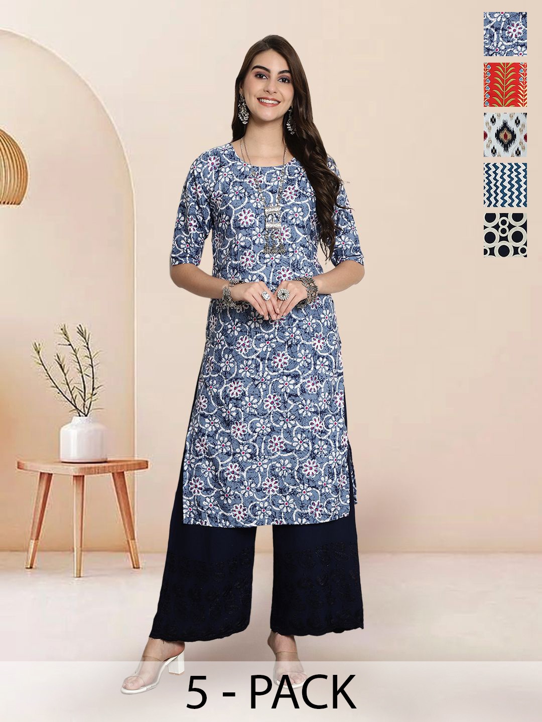 

7Threads Selection Of 5 Floral Printed Round Neck Straight Kurtas, Blue