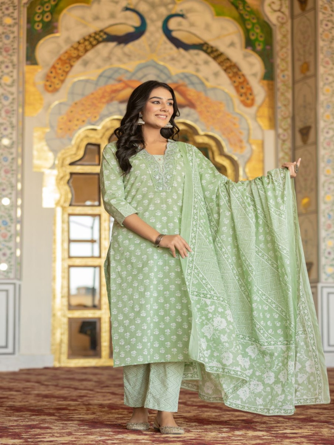 

AARDRAA Floral Printed Mirror Work Pure Cotton Straight Kurta With Trousers & Dupatta, Green