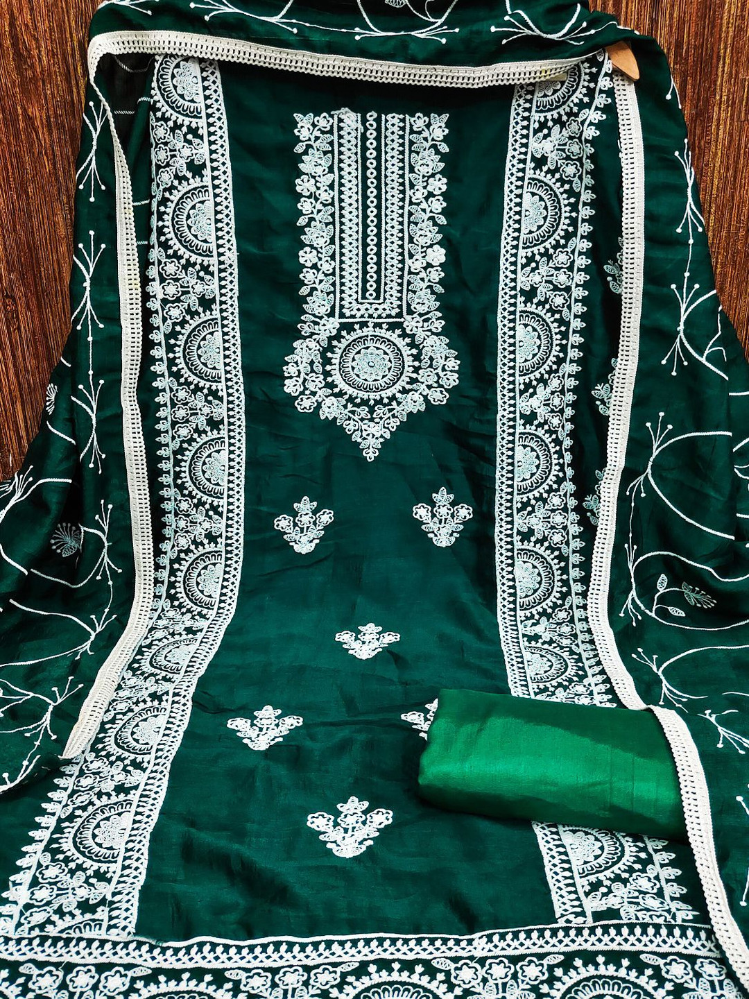 

A TO Z CART Ethnic Motifs Embroidered Pure Silk Unstitched Dress Material, Teal