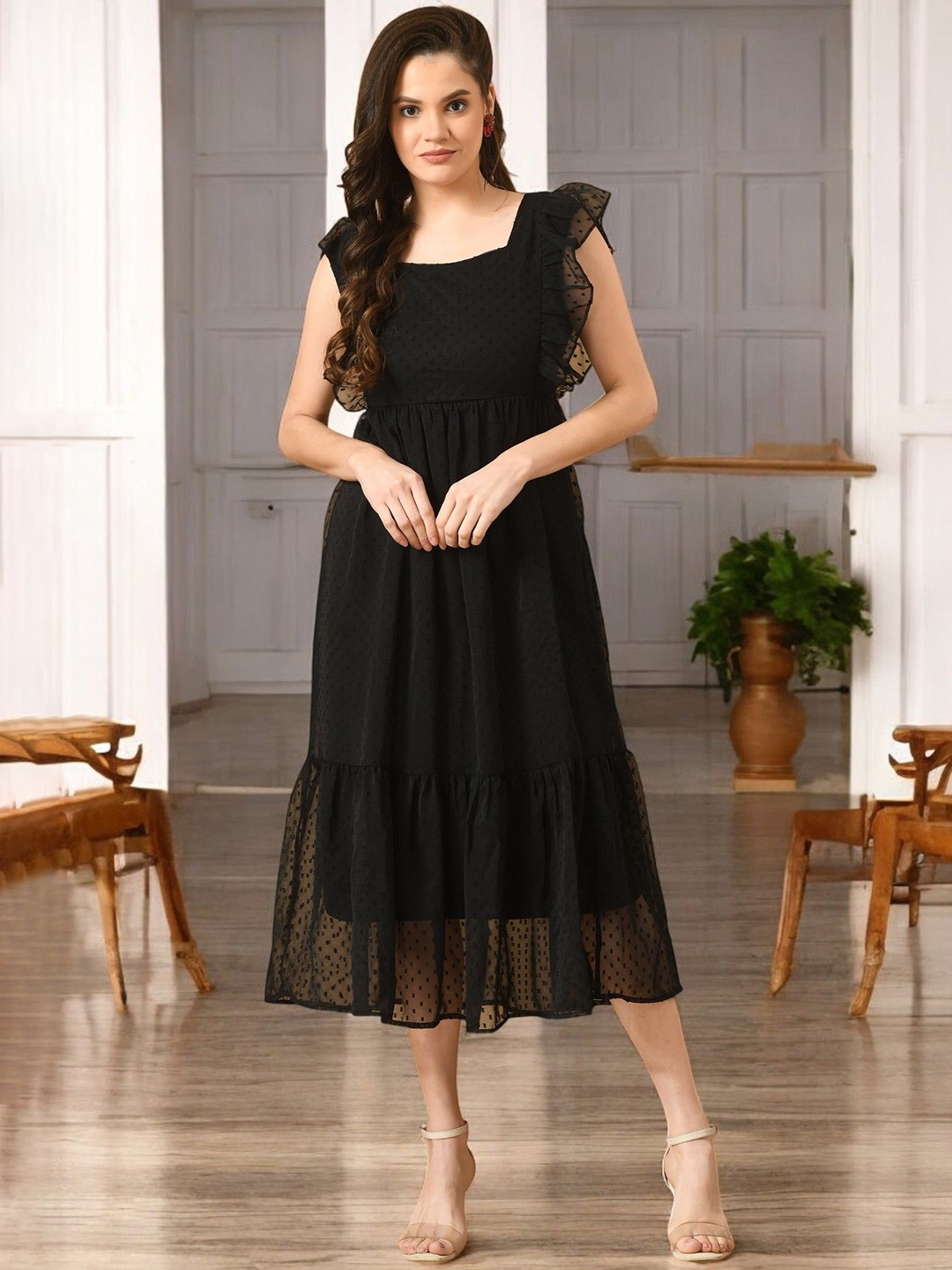 

BAESD Flutter Sleeve Bodycon Midi Dress, Black