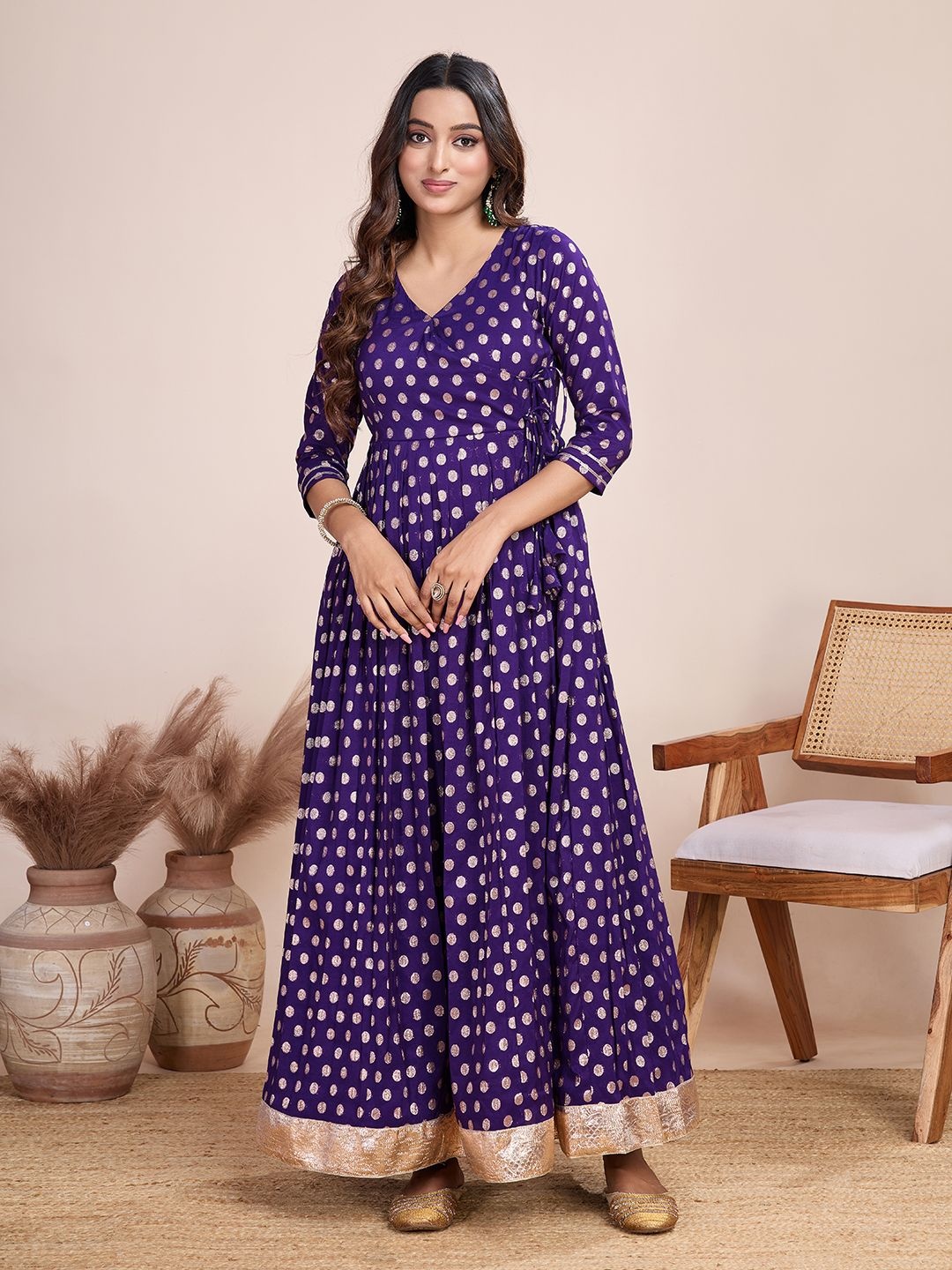 

Tasarika Printed V-Neck Maxi Ethnic Dress, Violet
