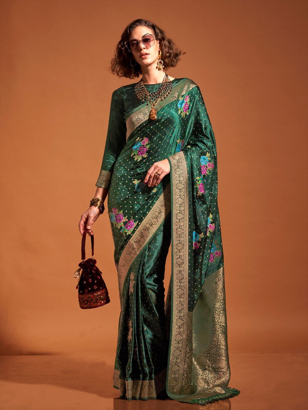 

ODETTE Woven Design Zari Satin Saree, Green