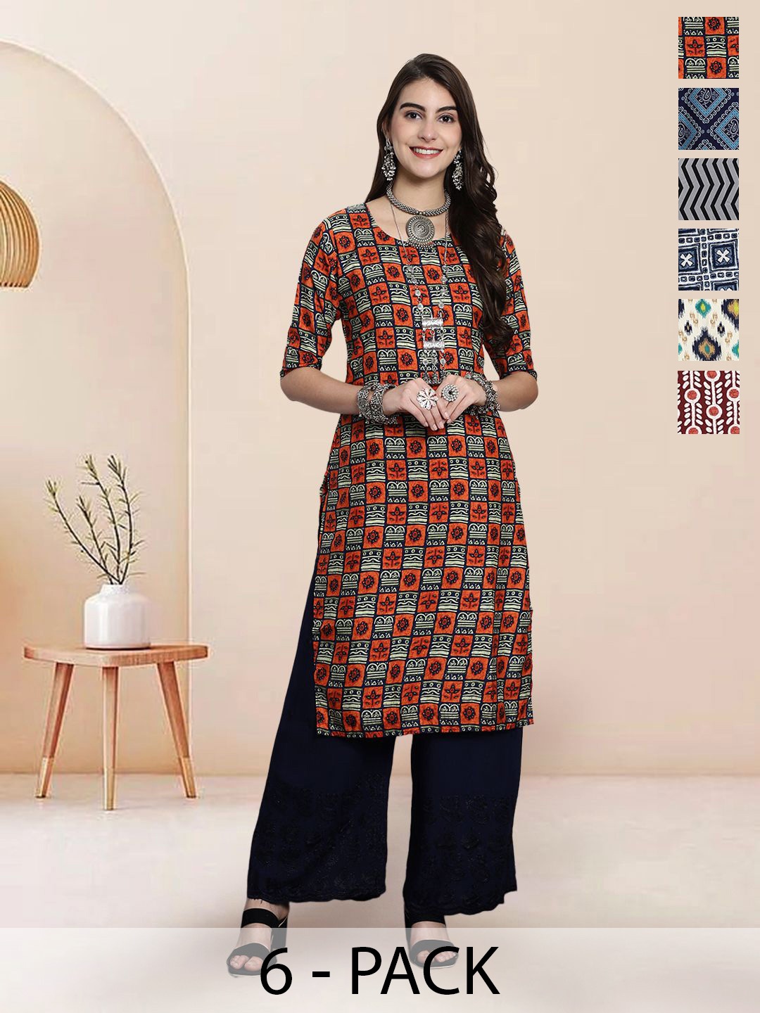 

7Threads Selection Of 6 Ethnic Motifs Printed Round Neck Straight Kurtas, Red