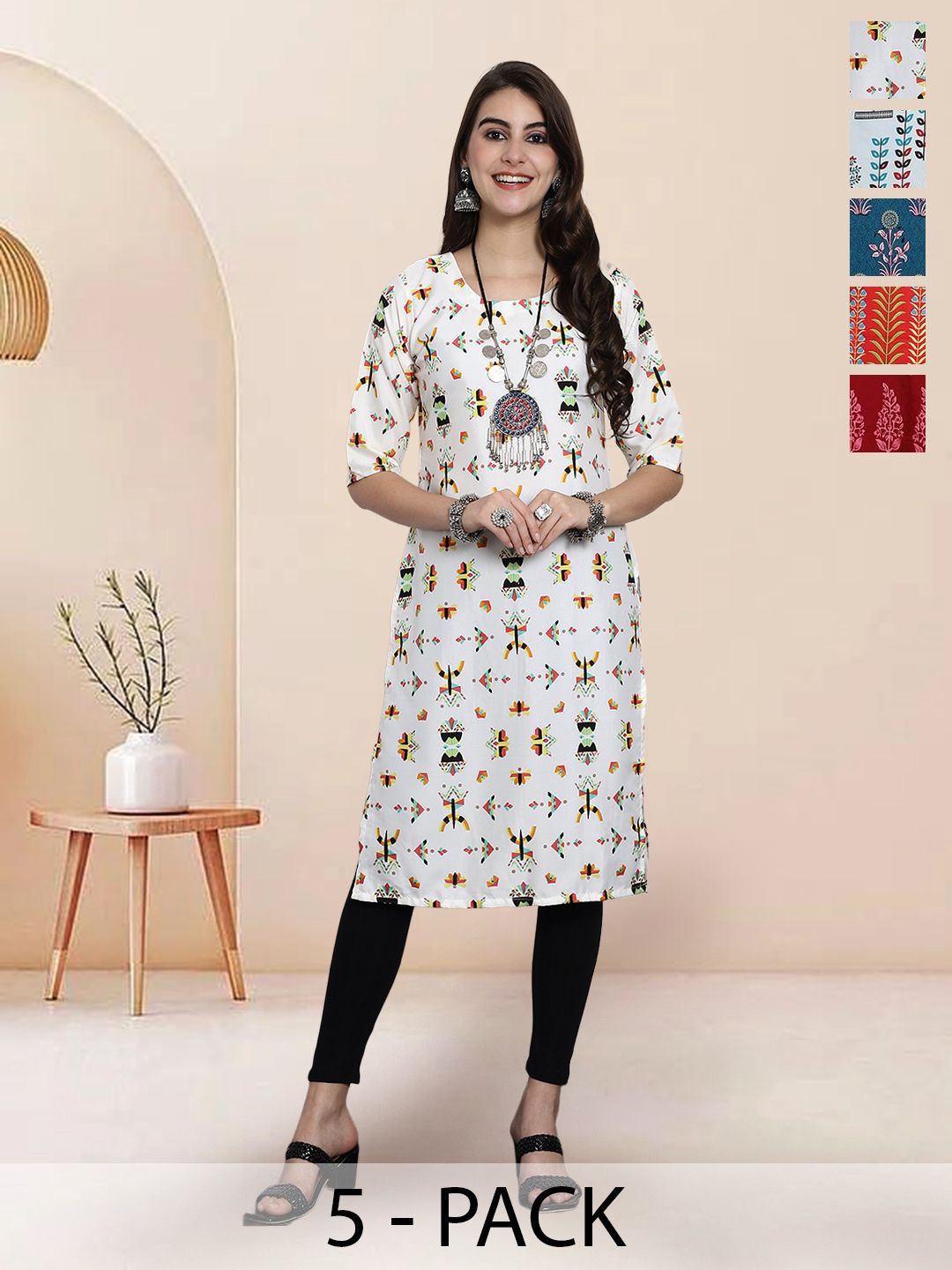 

7Threads Selection Of 5 Ethnic Motifs Printed Round Neck Straight Kurtas, White