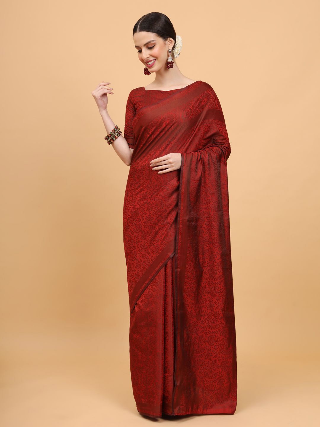 

Melok Woven Design Art Silk Ready to Wear Banarasi Saree, Red