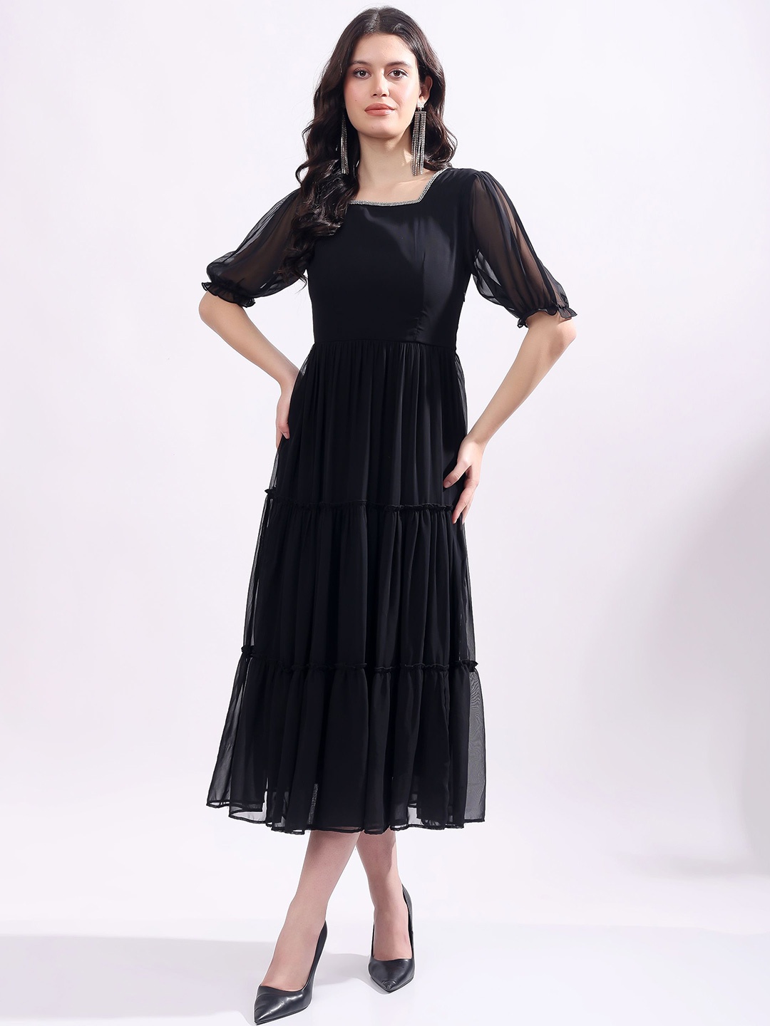 

T TRYON ULTIMATE Georgette Fit & Flare Midi Dress, Black