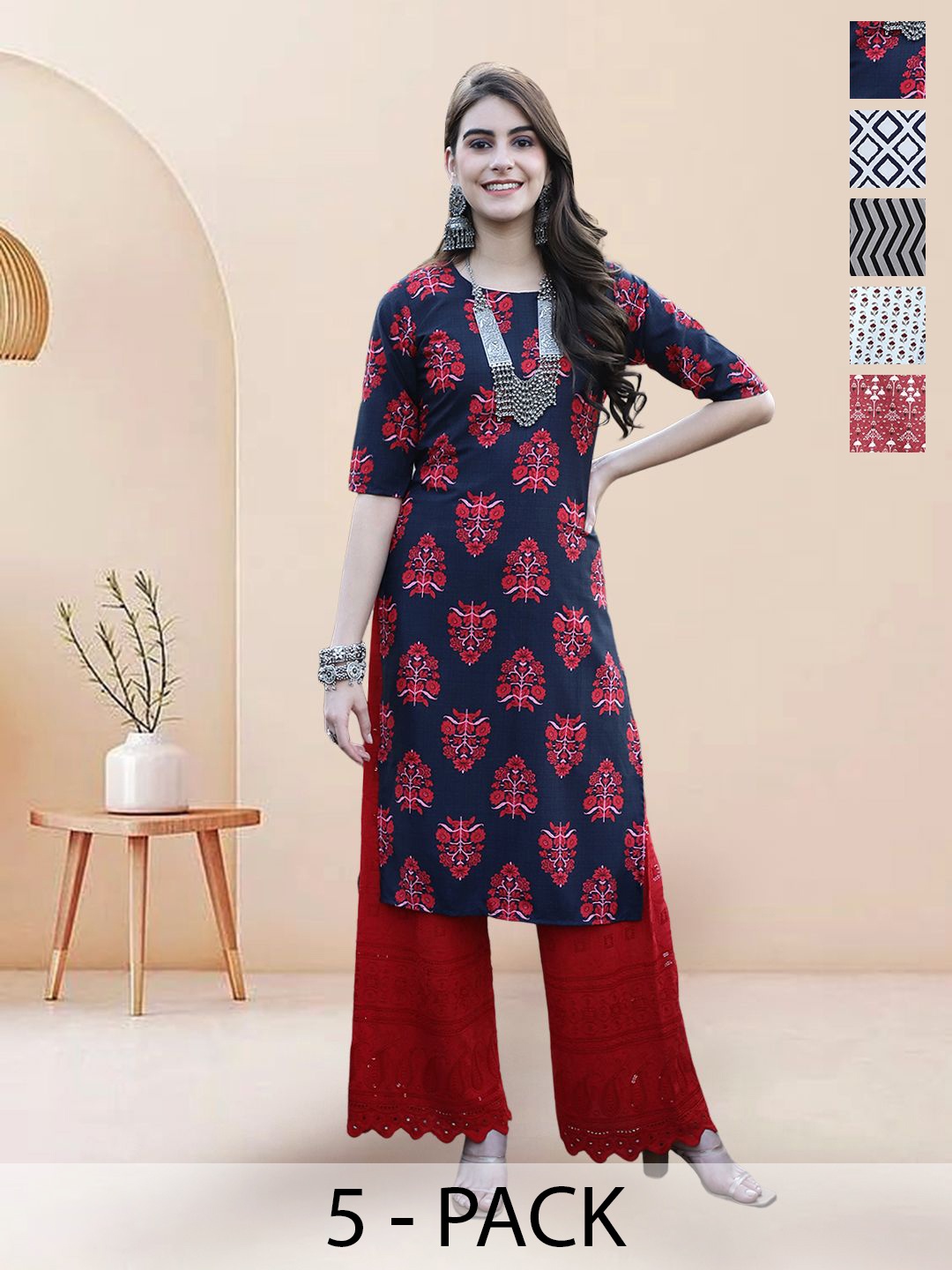 

7Threads Selection Of 5 Floral Printed Round Neck Straight Kurtas, Navy blue