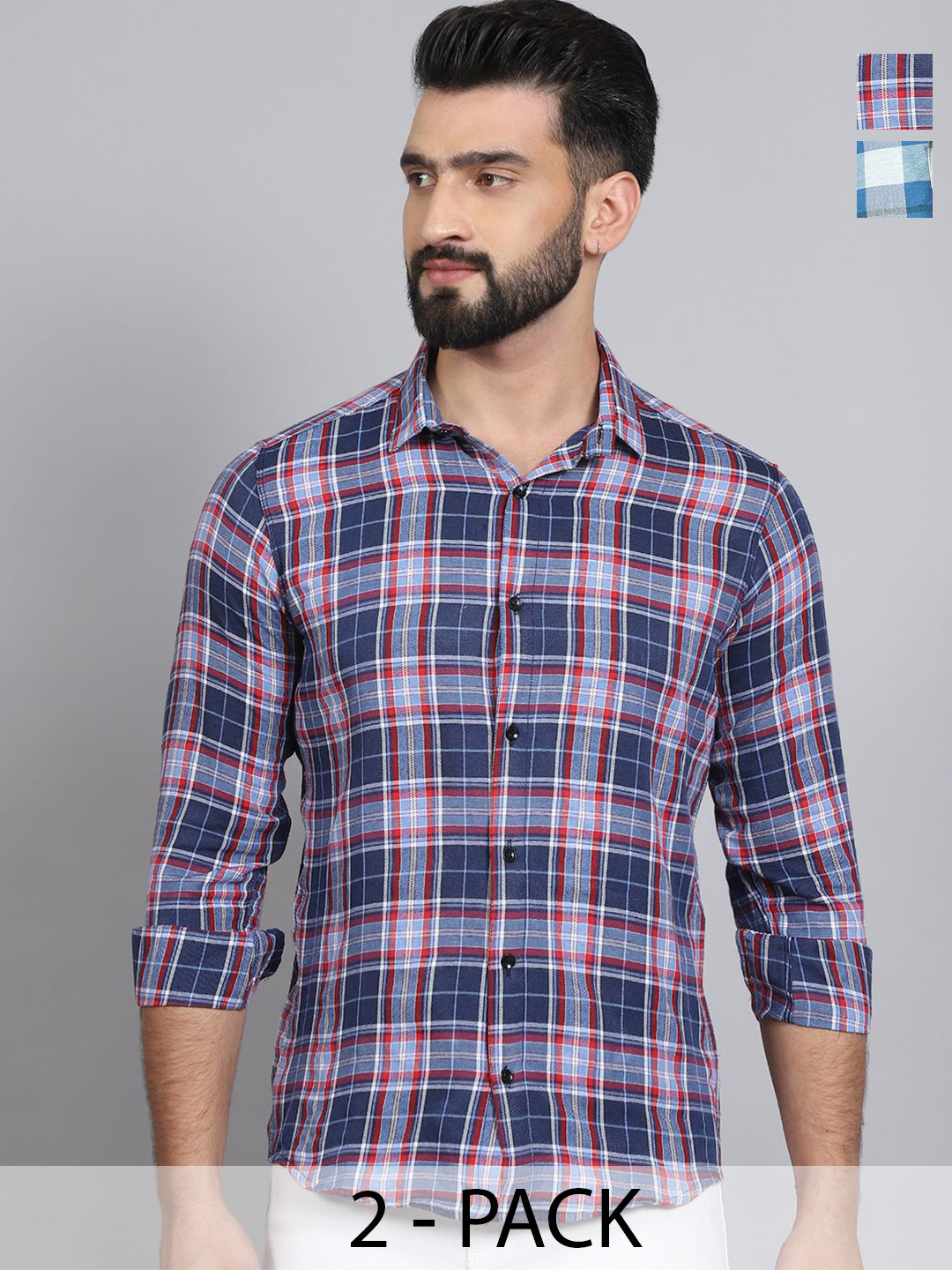

Tanip Men Pack Of 2 Spread Collar Tartan Checked Cotton Casual Shirts, Blue