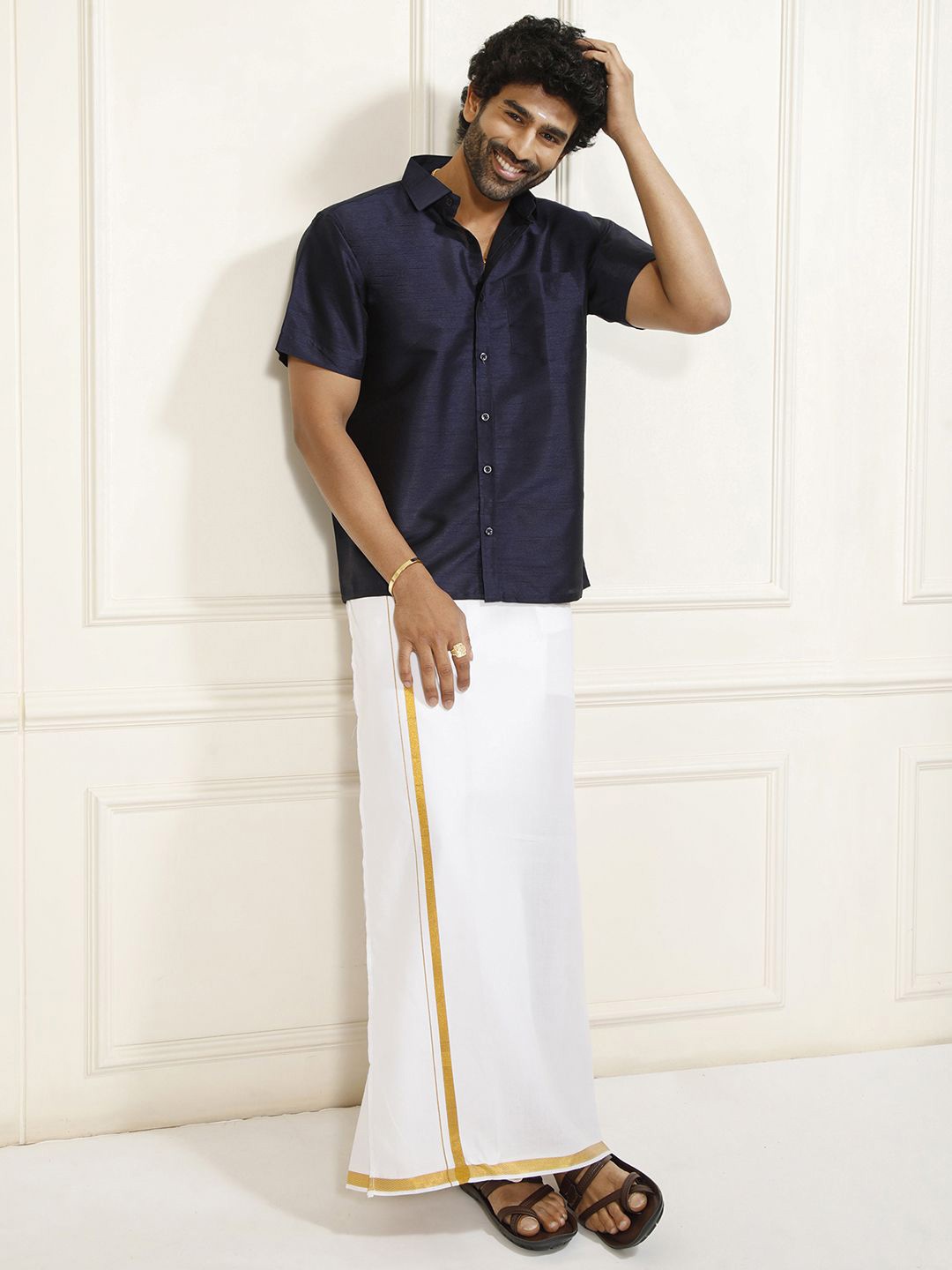 

VASTRAMAY Shirt Collar Shirt With Veshti, Navy blue