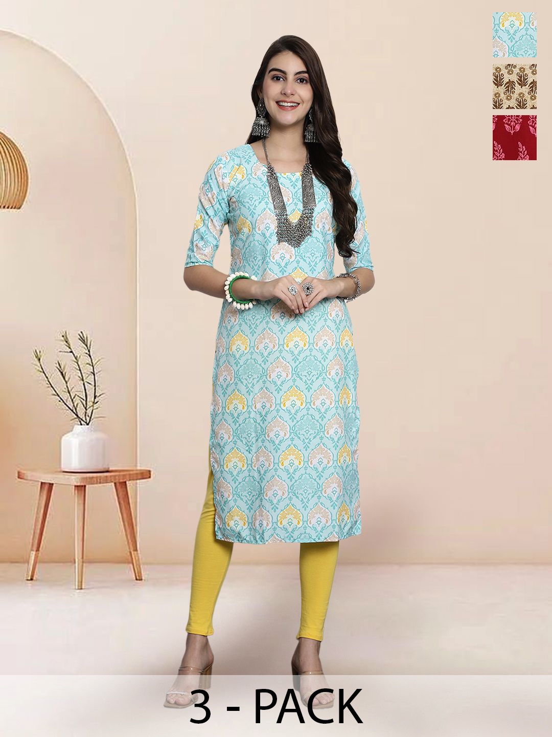 

7Threads Selection Of 3 Ethnic Motifs Printed Round Neck Kurtas, Blue