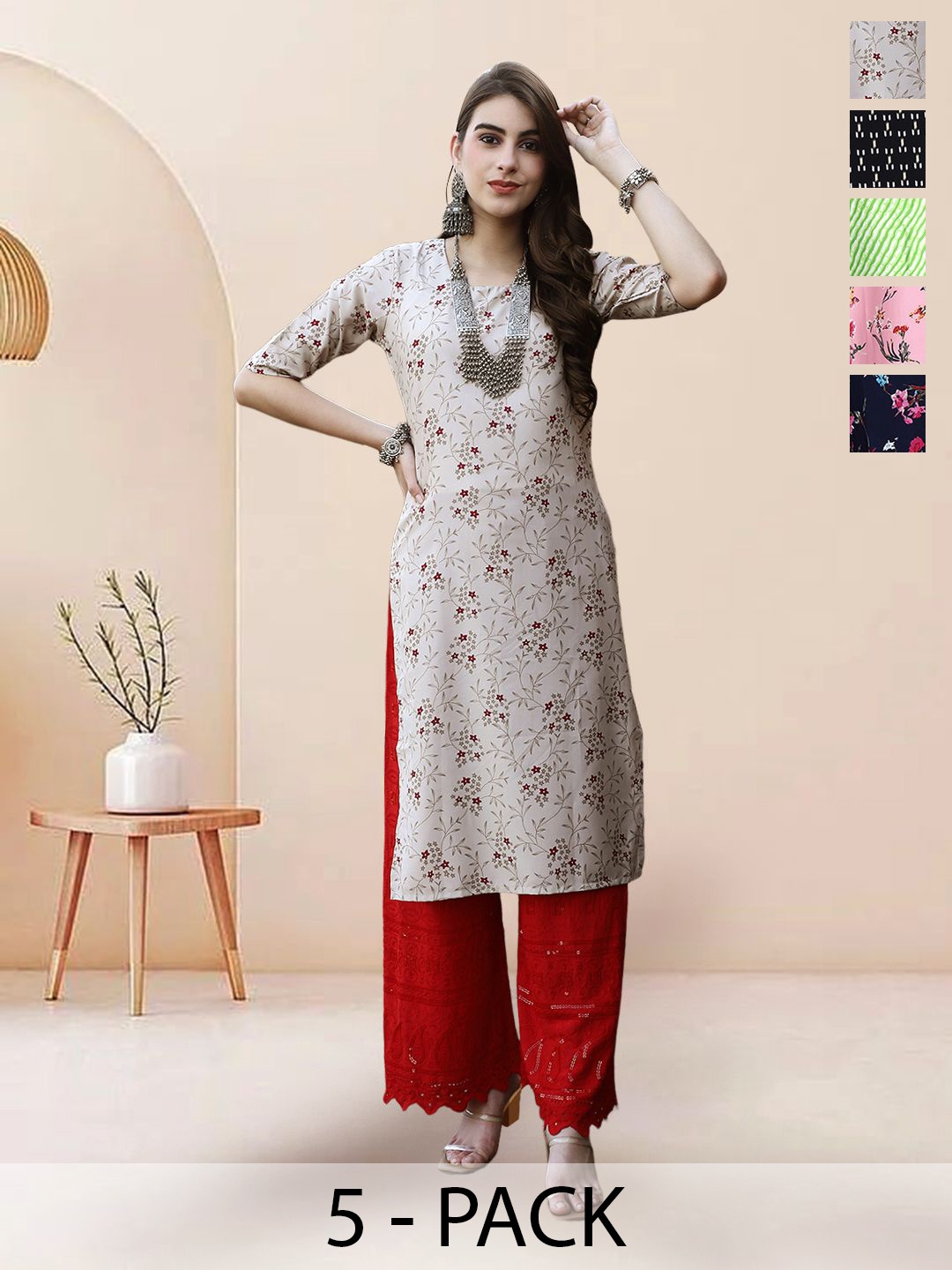 

7Threads Selection of 5 Floral Printed Straight Kurtas, Beige