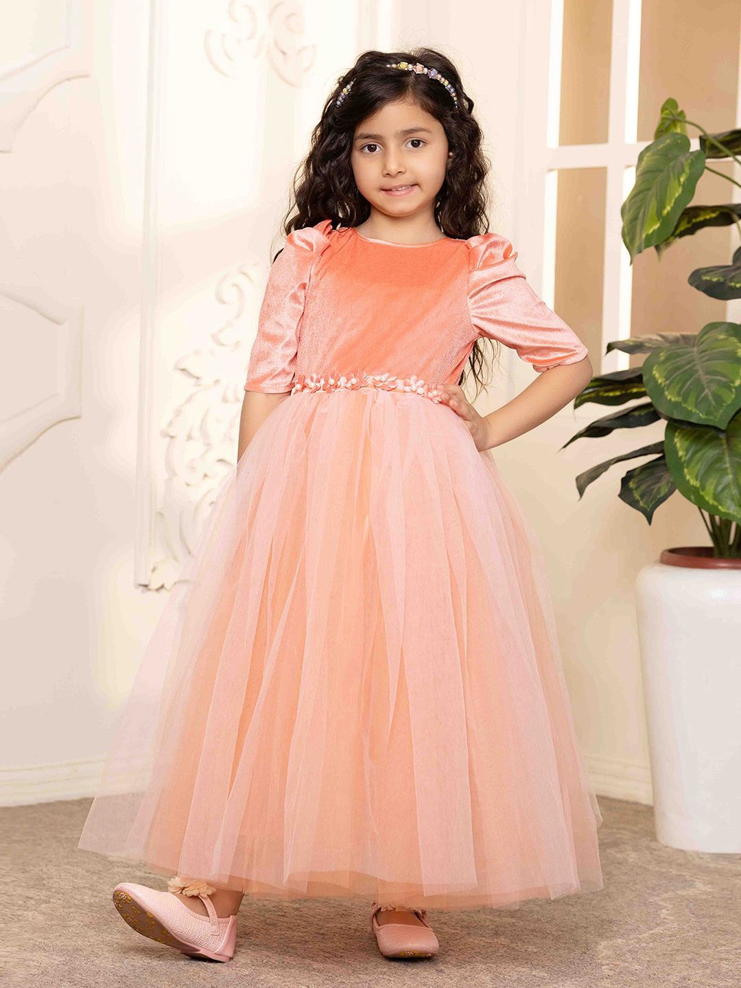 

Toy Balloon kids Net Fit & Flare Maxi Dress, Peach