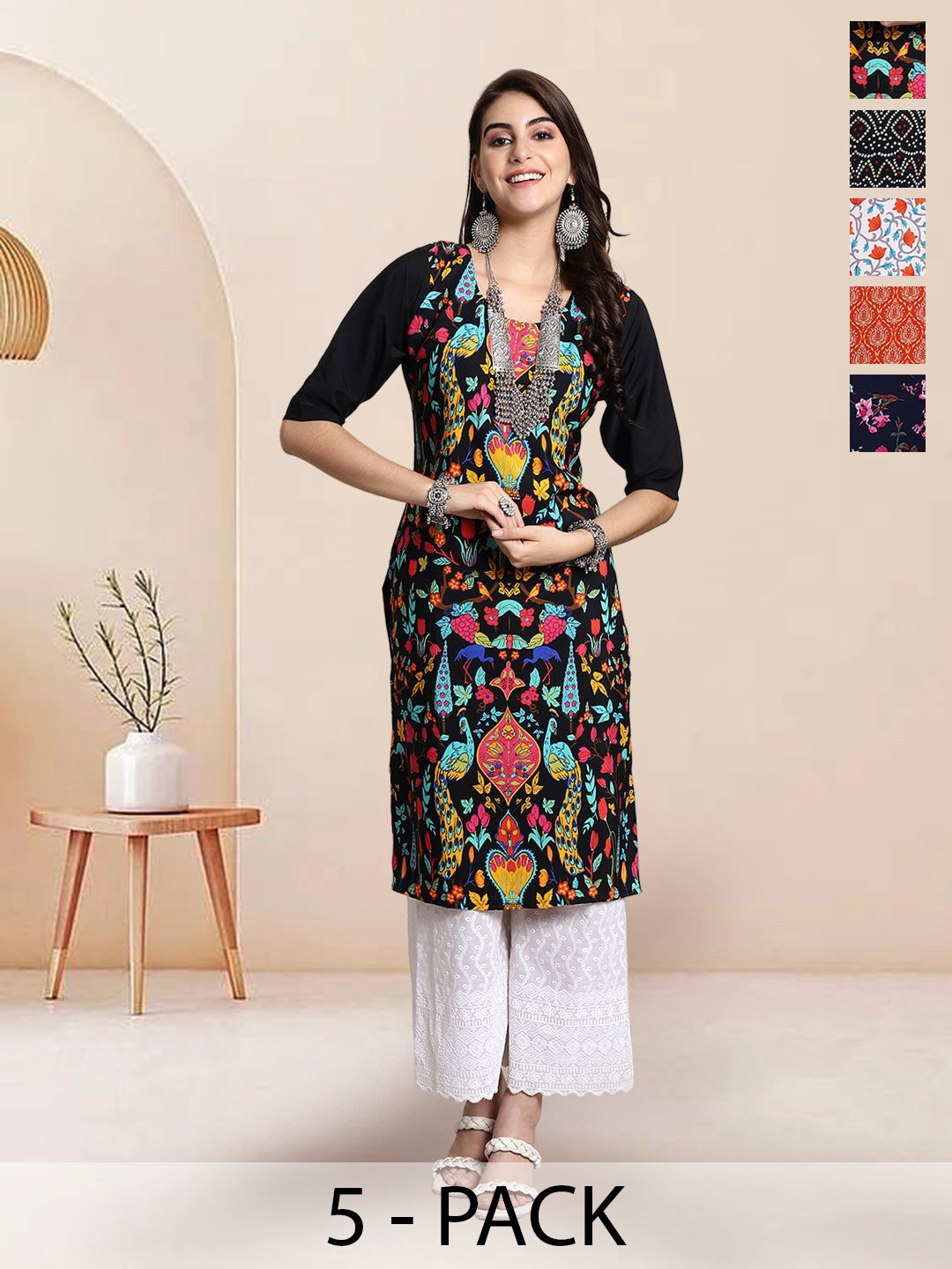 

7Threads Selection Of 5 Floral Printed Round Neck Straight Kurtas, Black