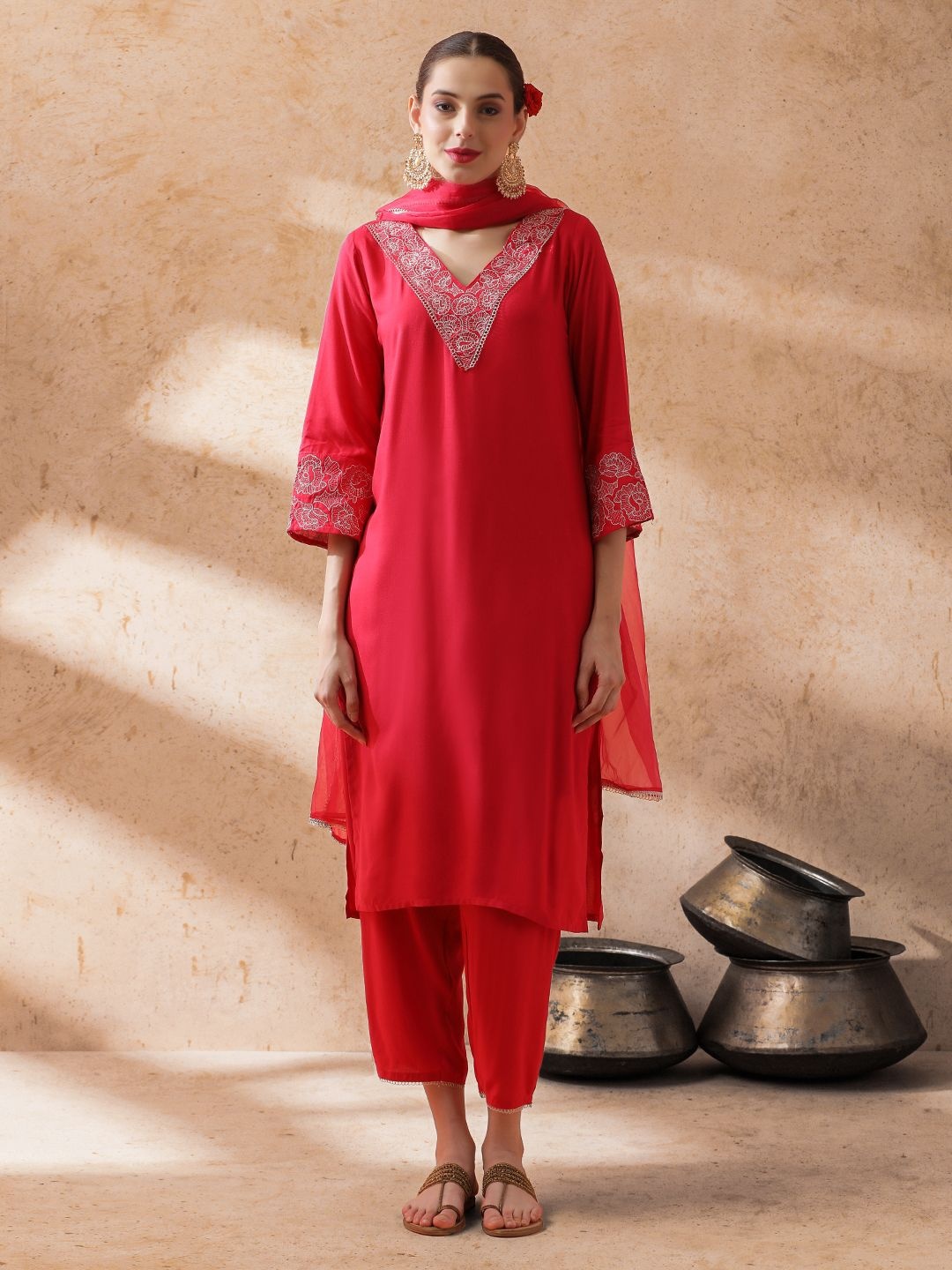 

STYLEBAAZI V-Neck Bell Sleeves Floral Embroidered Straight Kurta With Trousers And Dupatta, Red