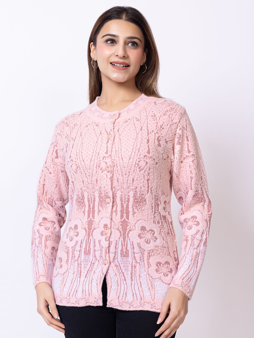 

Lady Leaf Women Floral Woollen Cardigan, Mauve