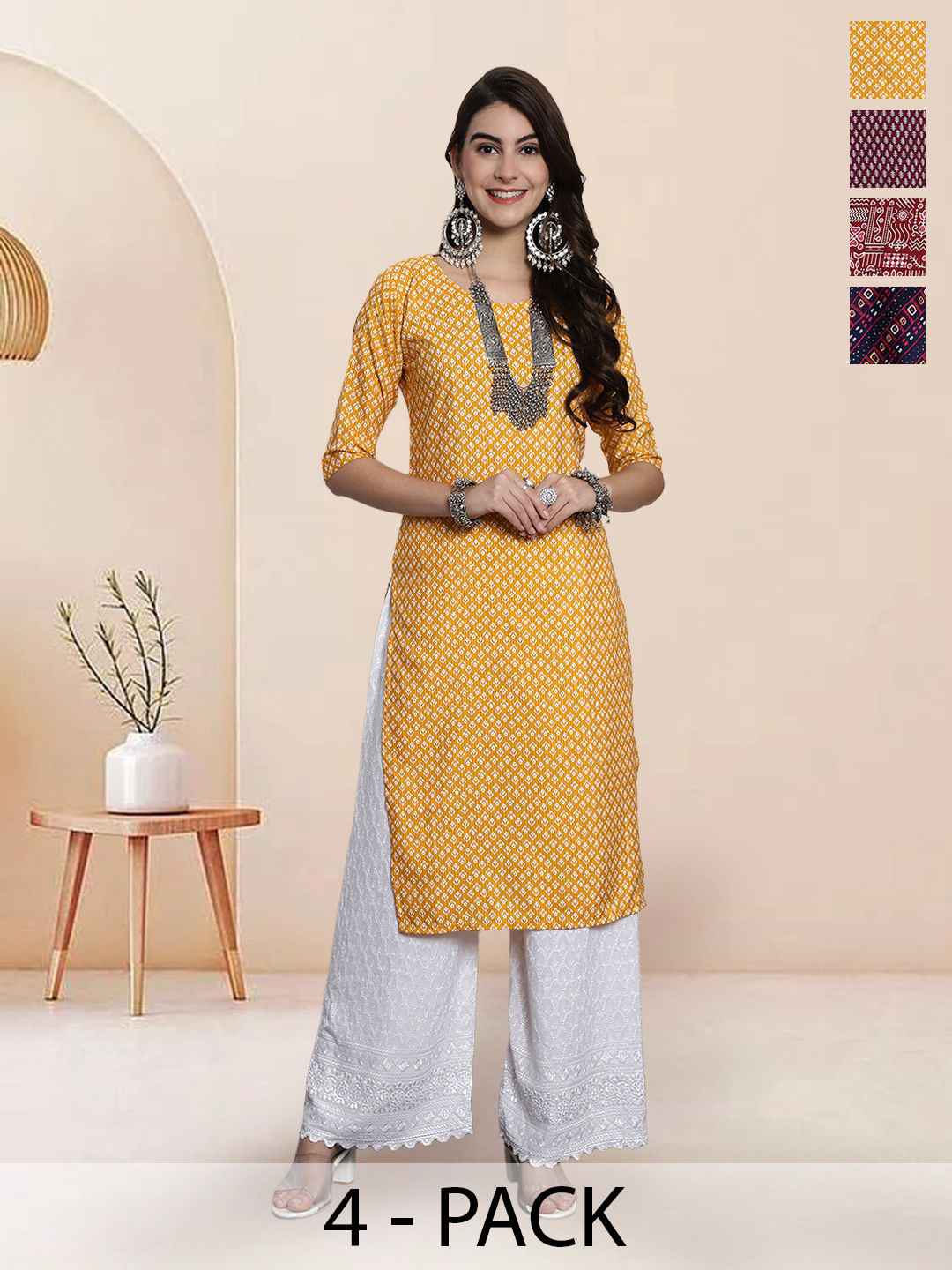 

7Threads Selection Of 4 Floral Printed Round Neck Straight Kurtas, Yellow