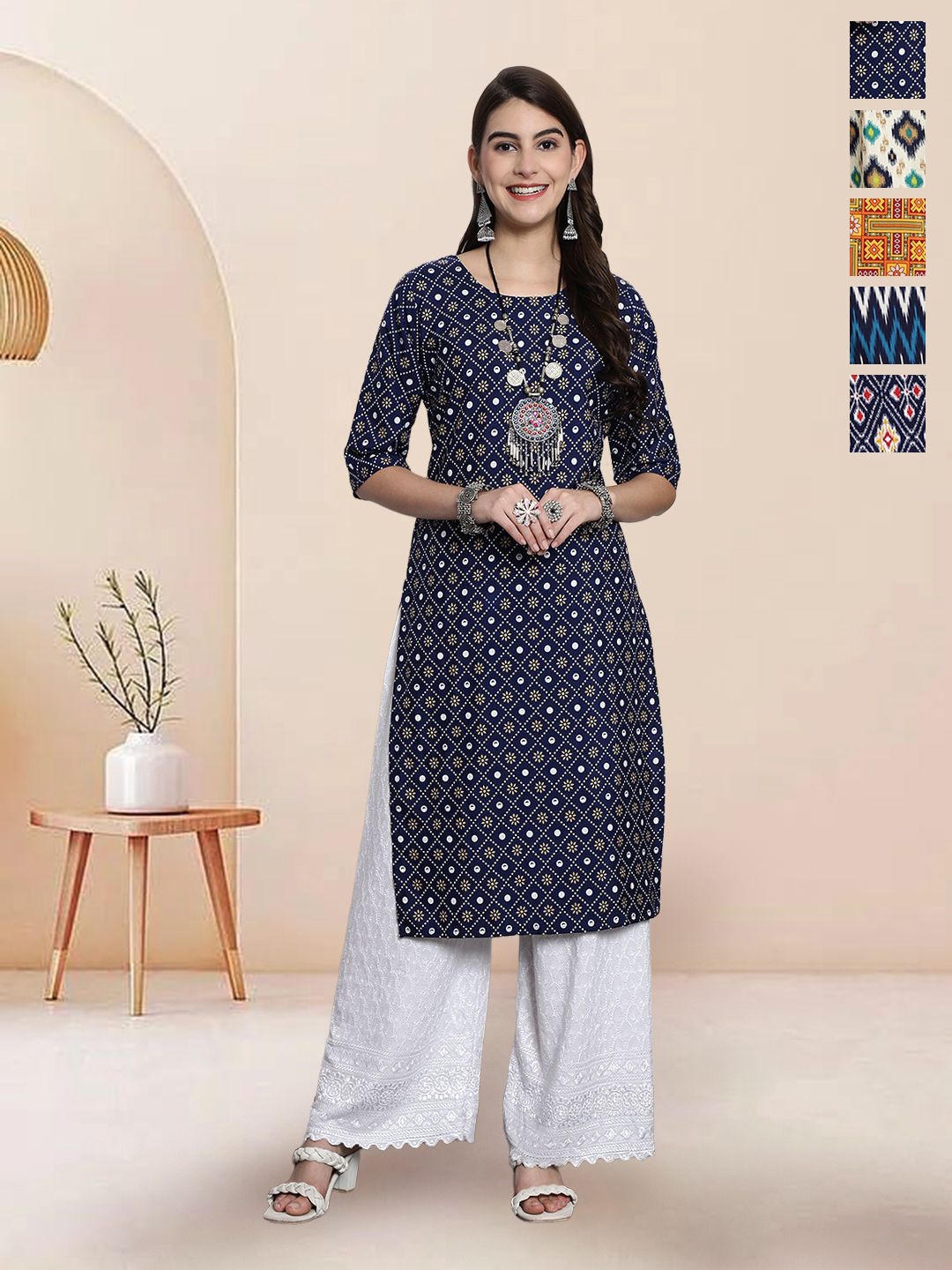 

7Threads Selection Of 5 Floral Printed Round Neck Straight Kurtas, Black