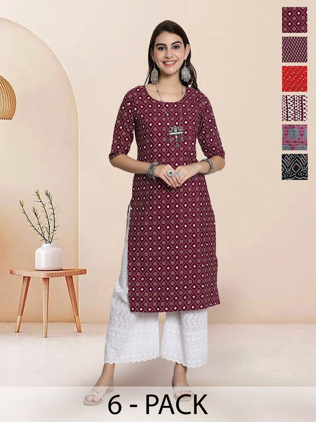 

7Threads Selection Of 6 Floral Printed Round Neck Kurtas, Maroon