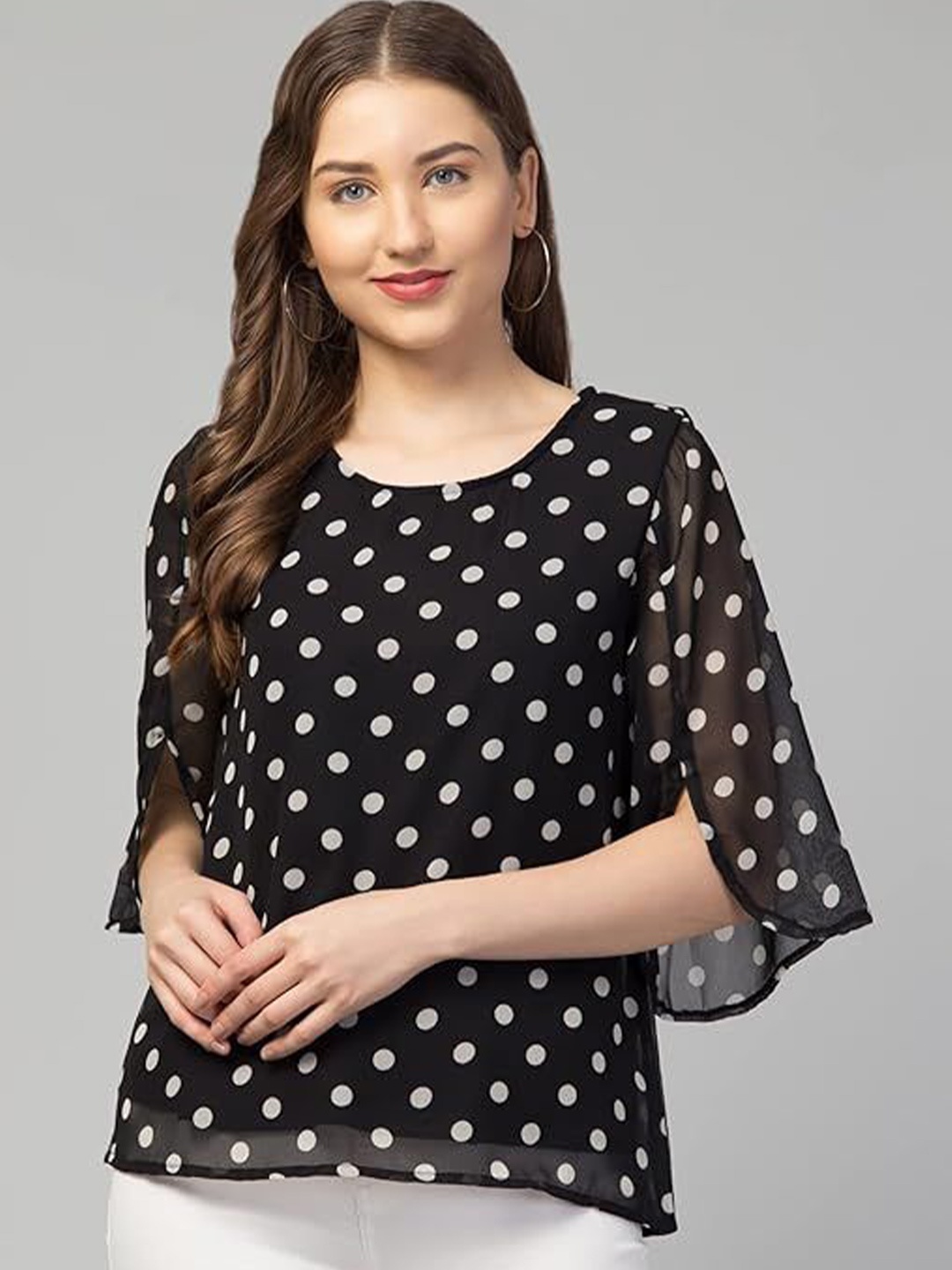 

My Swag Polka Dot Print Studded Georgette Top, Black