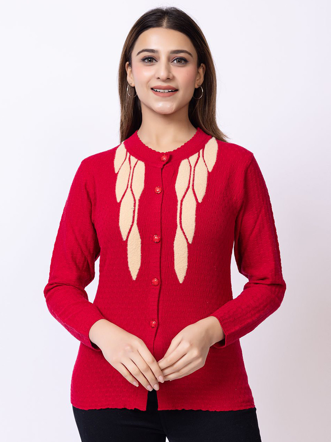 

Lady Leaf Women Floral Woollen Cardigan, Red
