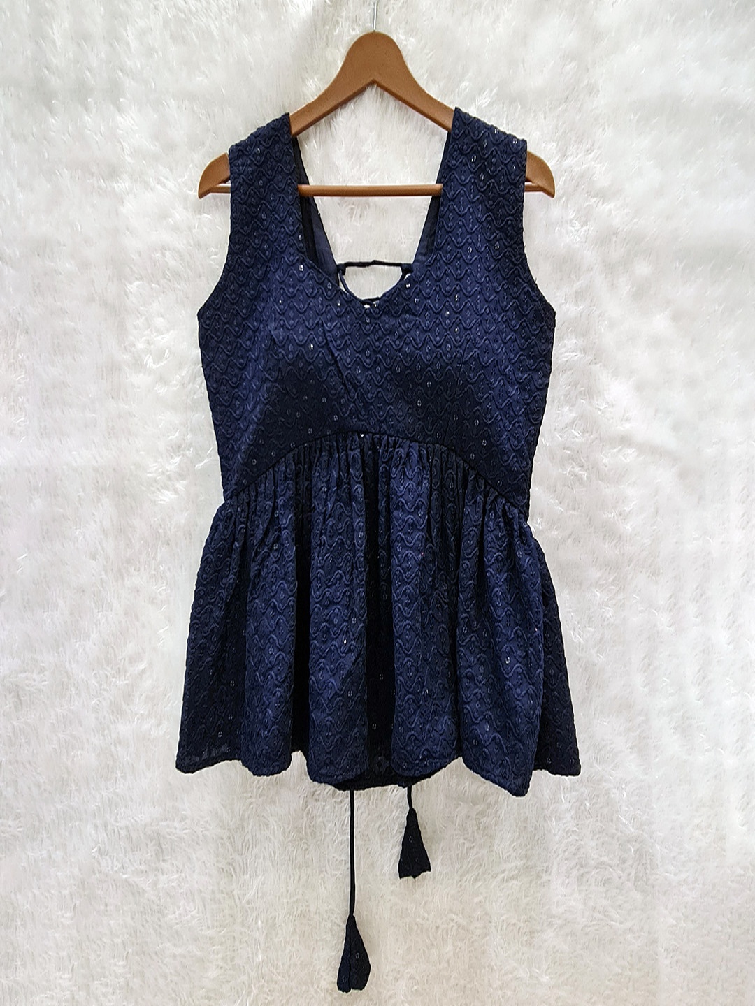 

KALINI Sequin Embroidered Sleeveless Laced Up Cotton Empire Top, Navy blue