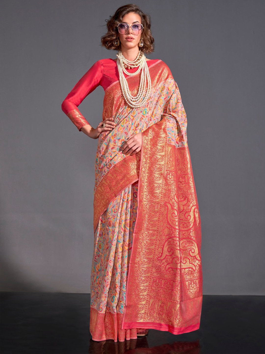 

ODETTE Woven Design Zari Saree, Beige