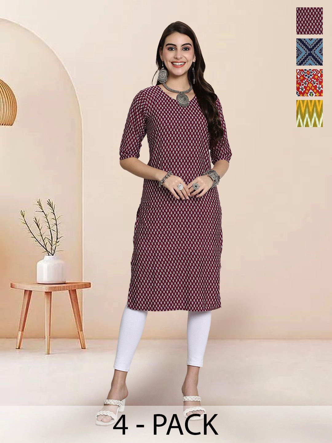 

7Threads Selection Of 5 Floral Printed Round Neck Straight Kurtas, Brown