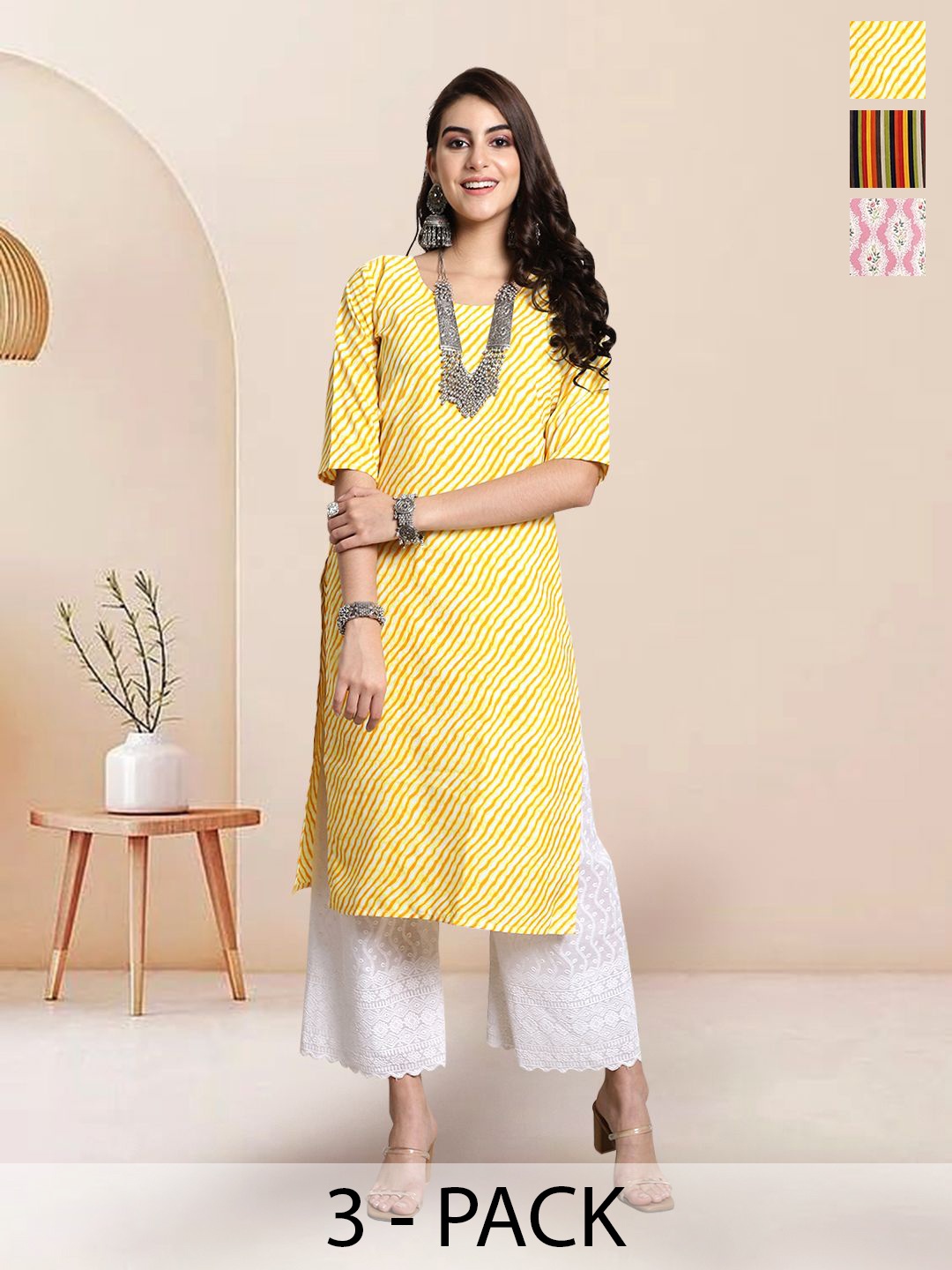 

7Threads Selection Of 3 Leheriya Printed Straight Kurtas, Yellow