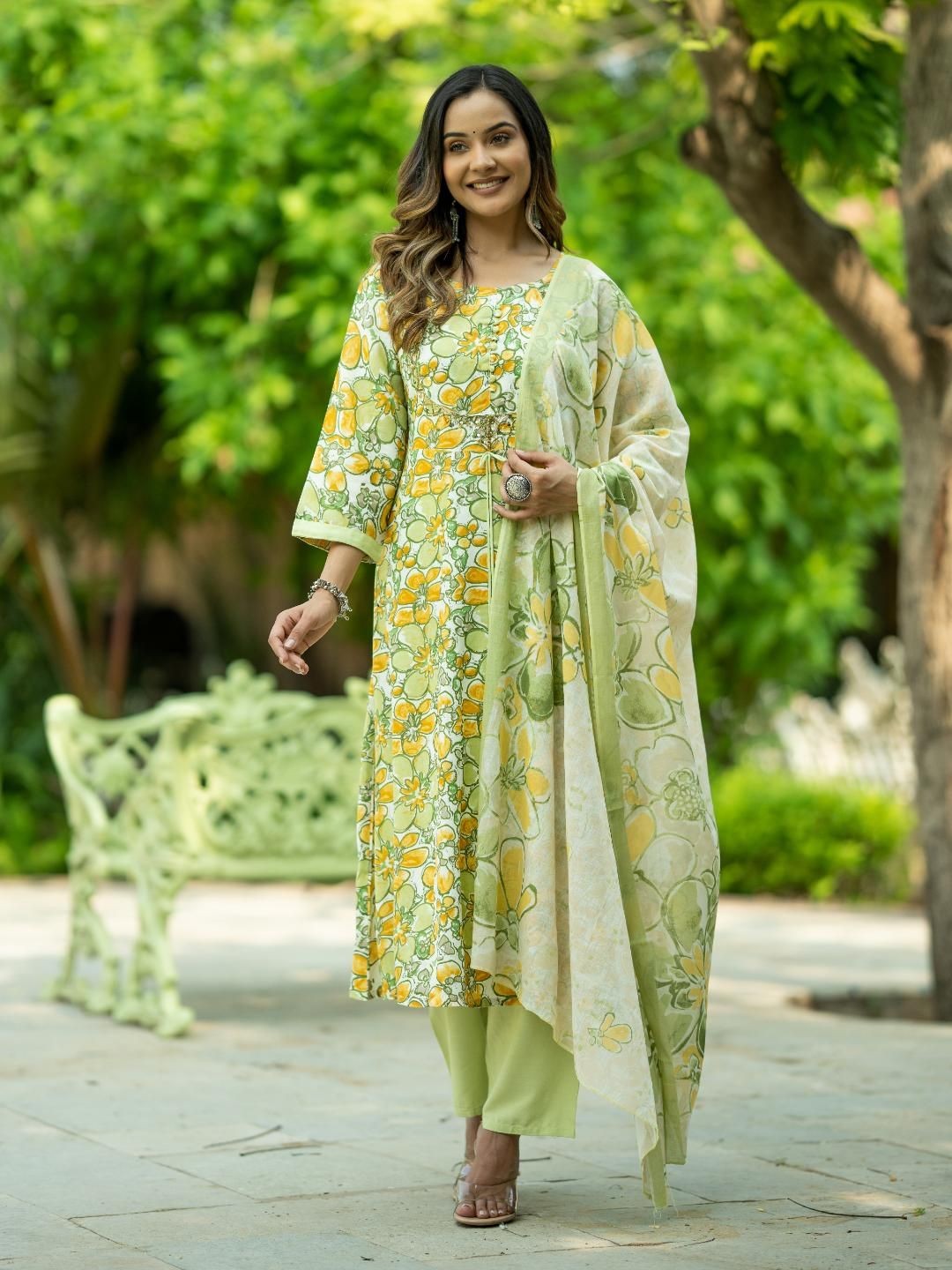 

Moda Rapido Green Floral Printed Pure Cotton A-Line Kurta With Trousers & Dupatta