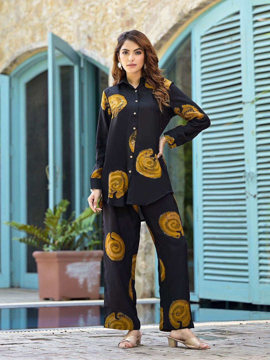 

BAESD Printed Shirt Collar Shirt With Trouser, Black