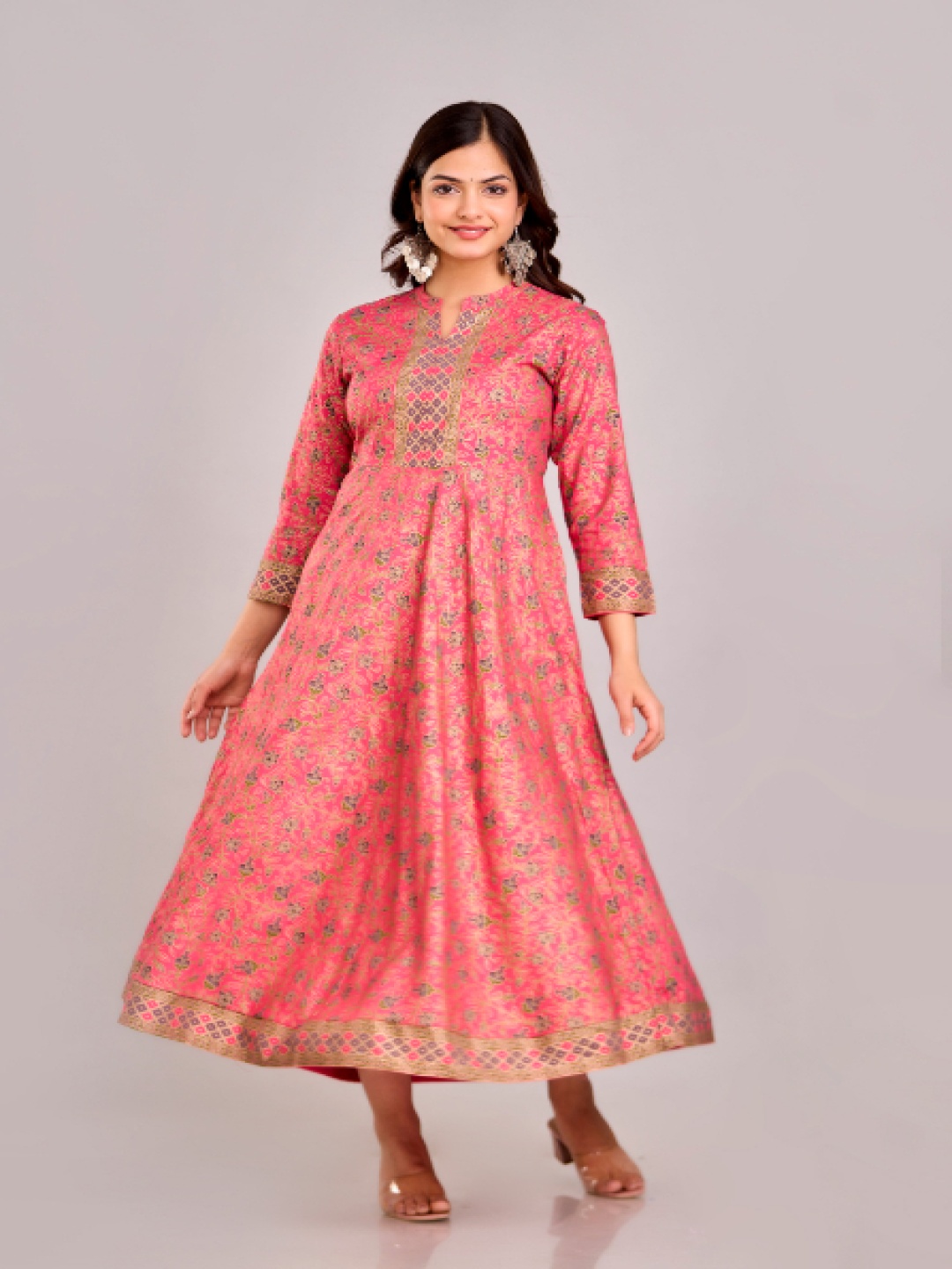 

BAIRAJ Floral Printed Mandarin Collar A-Line Kurta, Coral