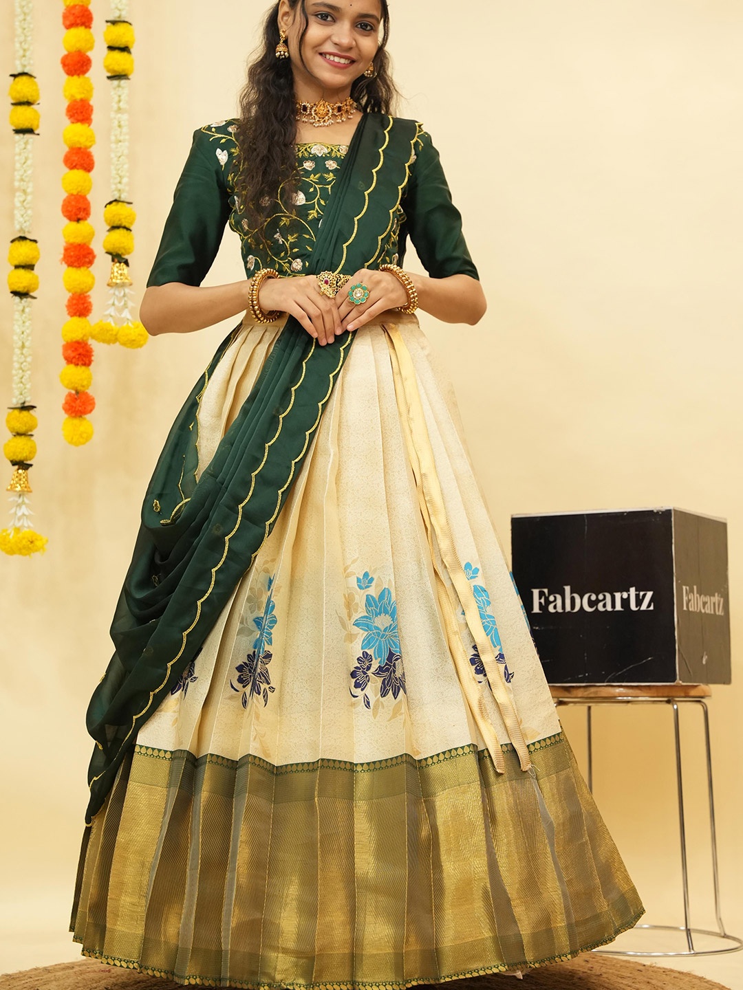 

Fabcartz Floral Woven Design Zari Semi-Stitched Lehenga & Unstitched Blouse With Dupatta, Cream