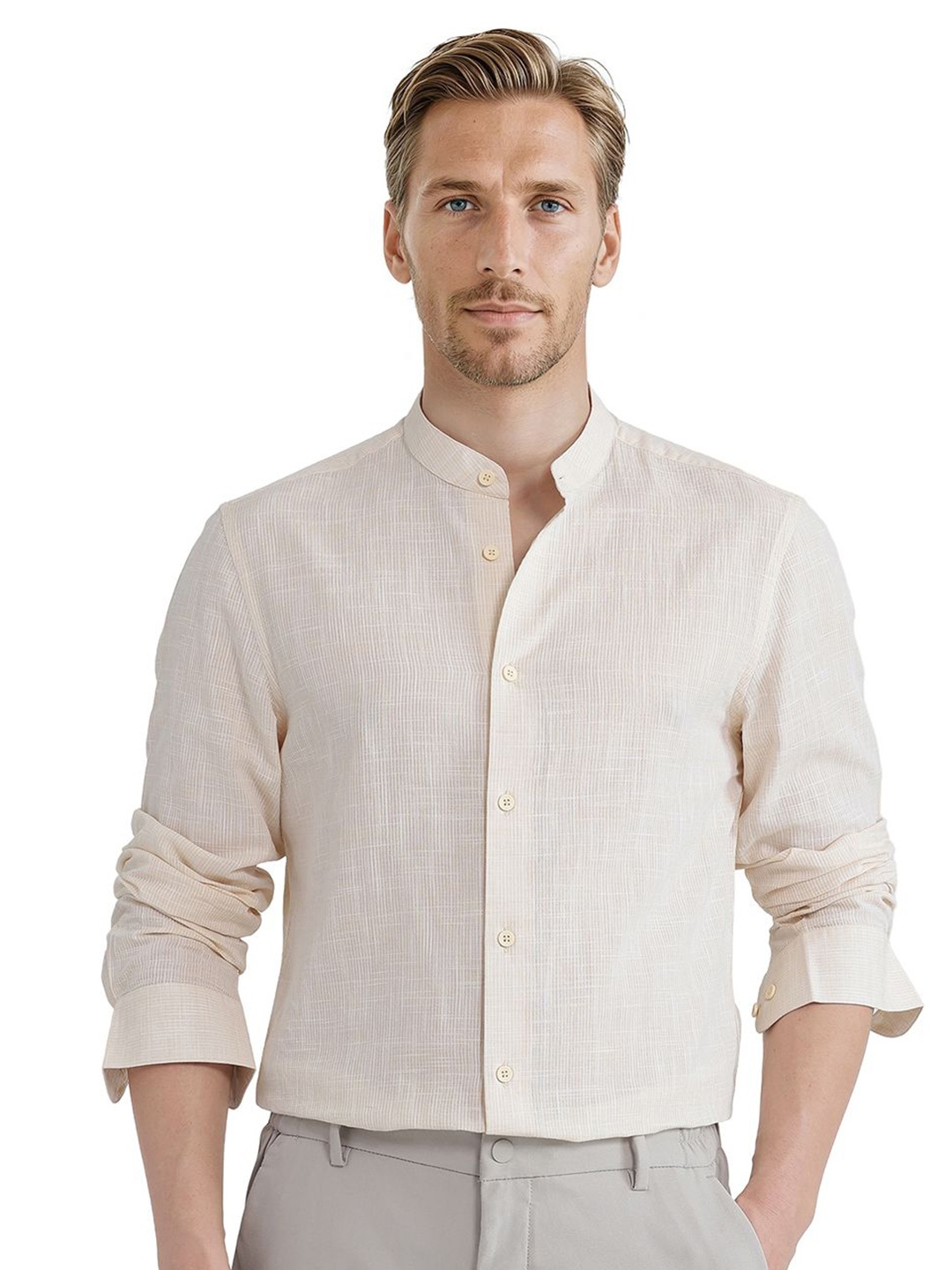 

RARE RABBIT Men Comfort Fit Band Collar Solid Formal Shirt, Off white