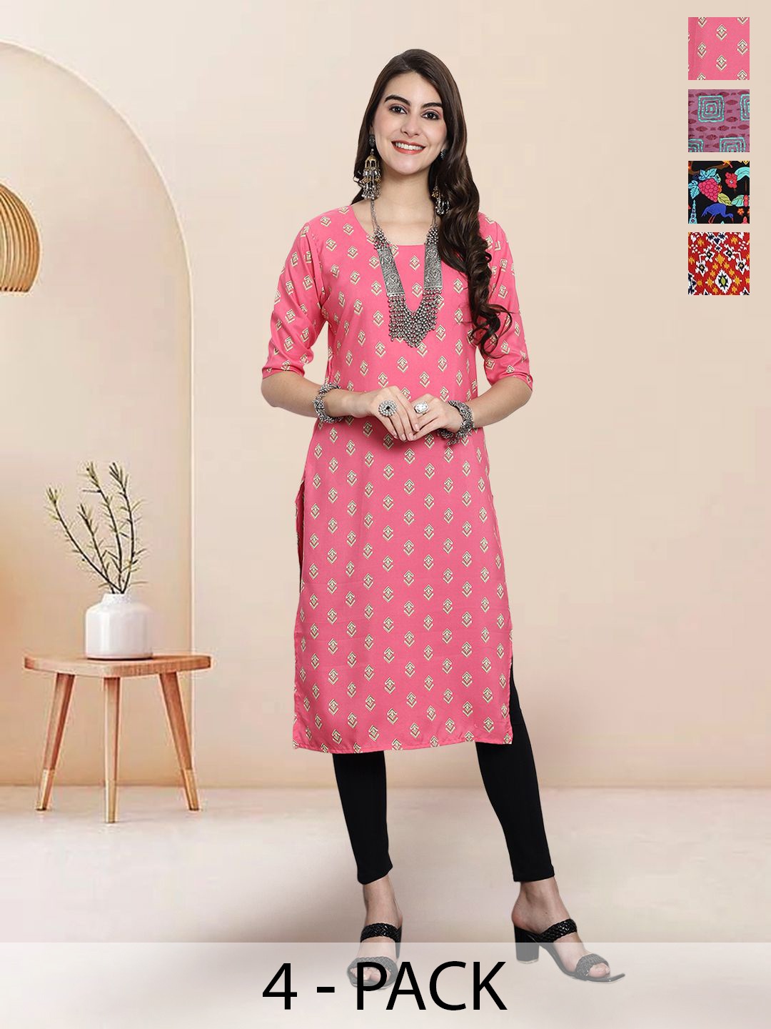 

7Threads Selection Of 4 Floral Printed Round Neck Straight Kurtas, Pink