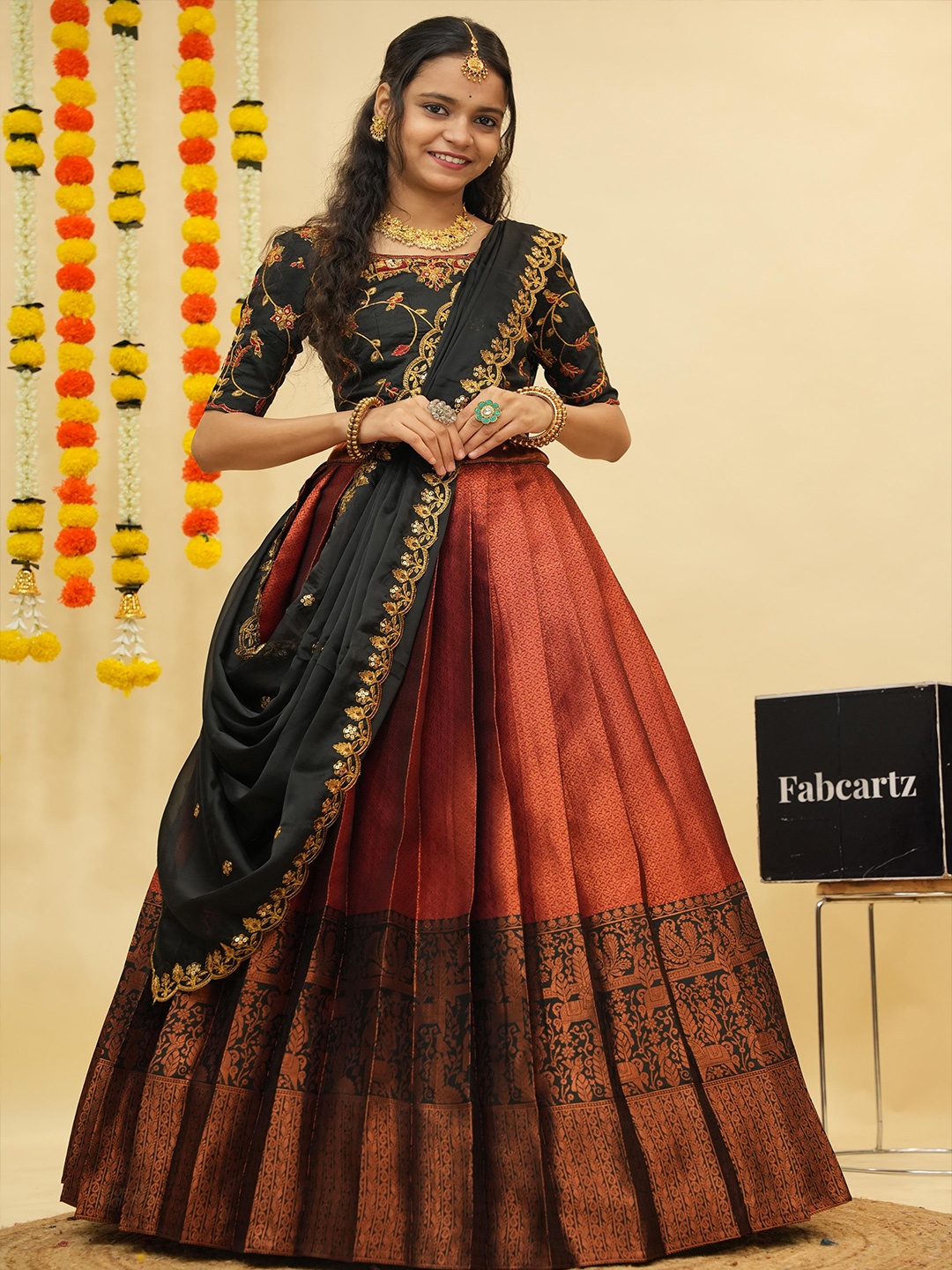 

Fabcartz Floral Woven Design Zari Semi-Stitched Lehenga & Unstitched Blouse With Dupatta, Maroon