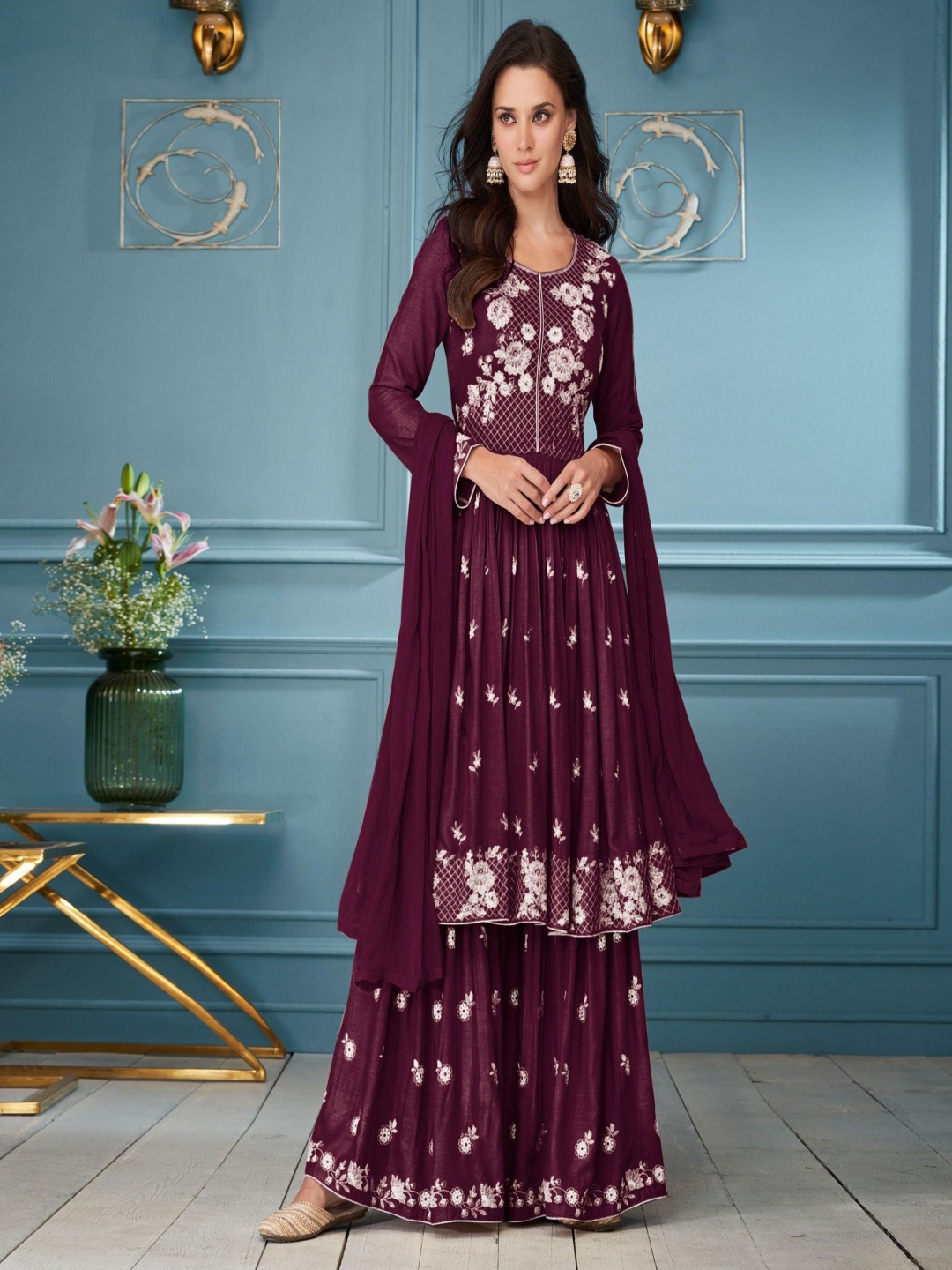 

Peachmode Floral Embroidered Regular Thread Work Kurta with Palazzos & Dupatta, Purple