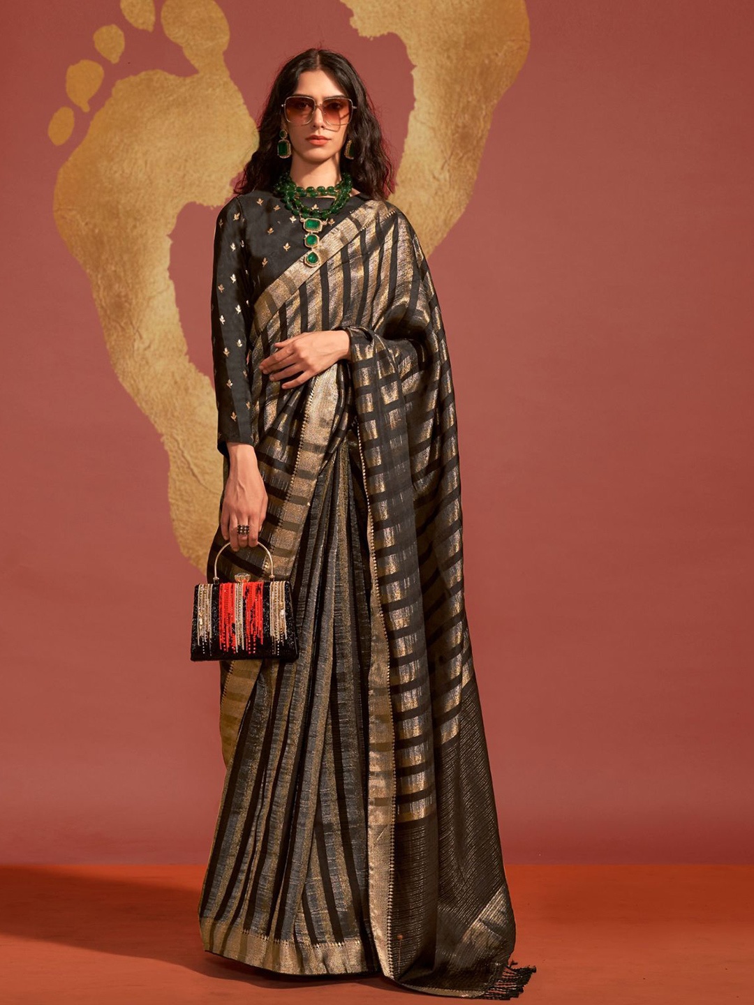 

ODETTE Woven Design Zari Saree, Black