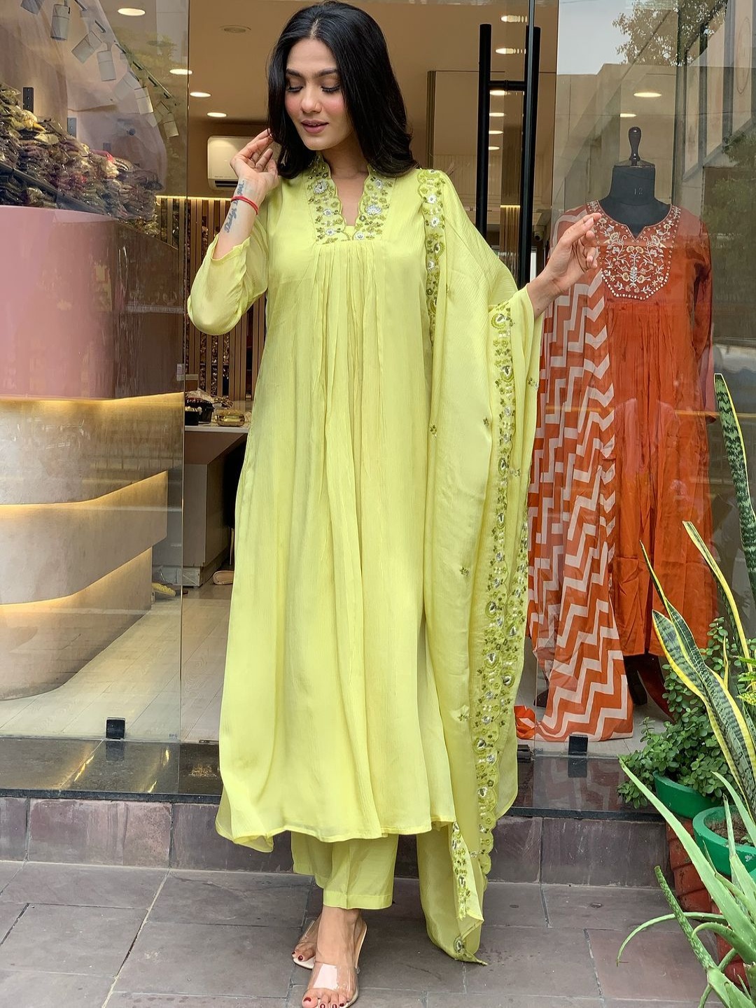 

KALINI Floral Yoke Design Thread Work Pleated A-Line Kurta With Trouser & Dupatta, Lime green