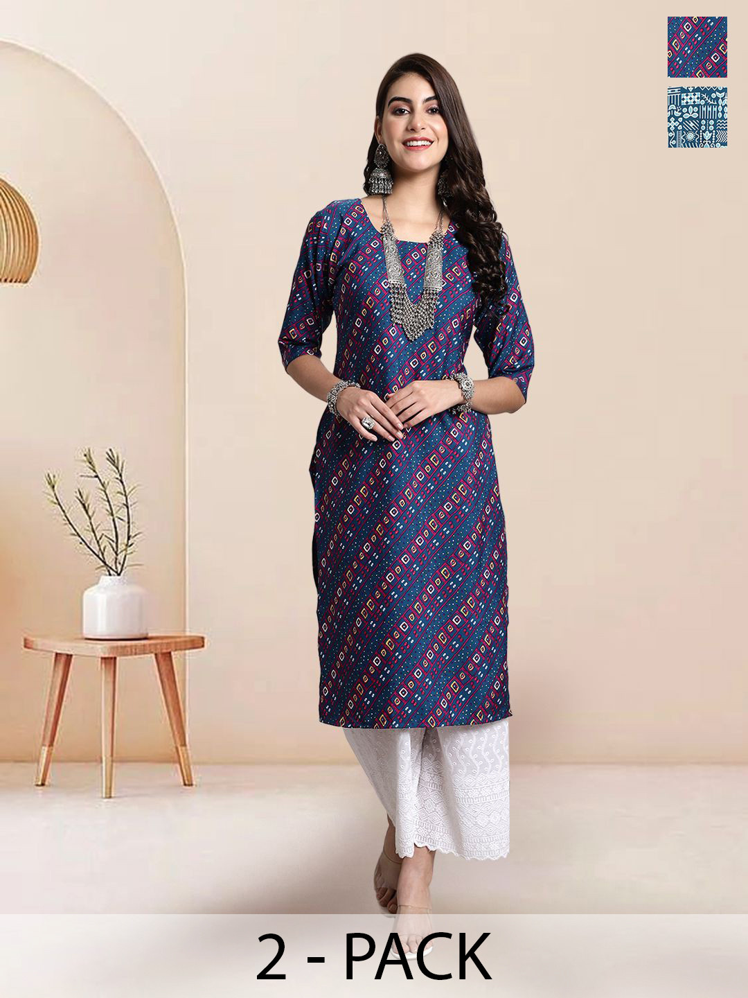 

7Threads Selection Of 2 Ethnic Motifs Printed Round Neck Kurtas, Blue