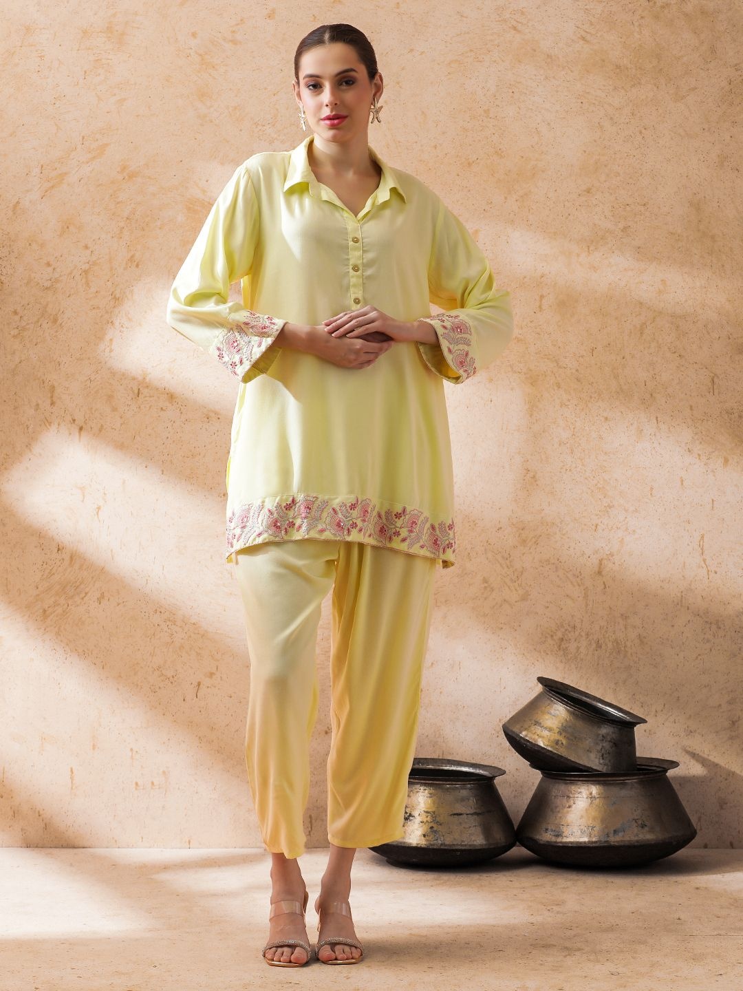 

STYLEBAAZI Shirt Collar Floral Embroidered A-Line Top With Trousers, Lime green
