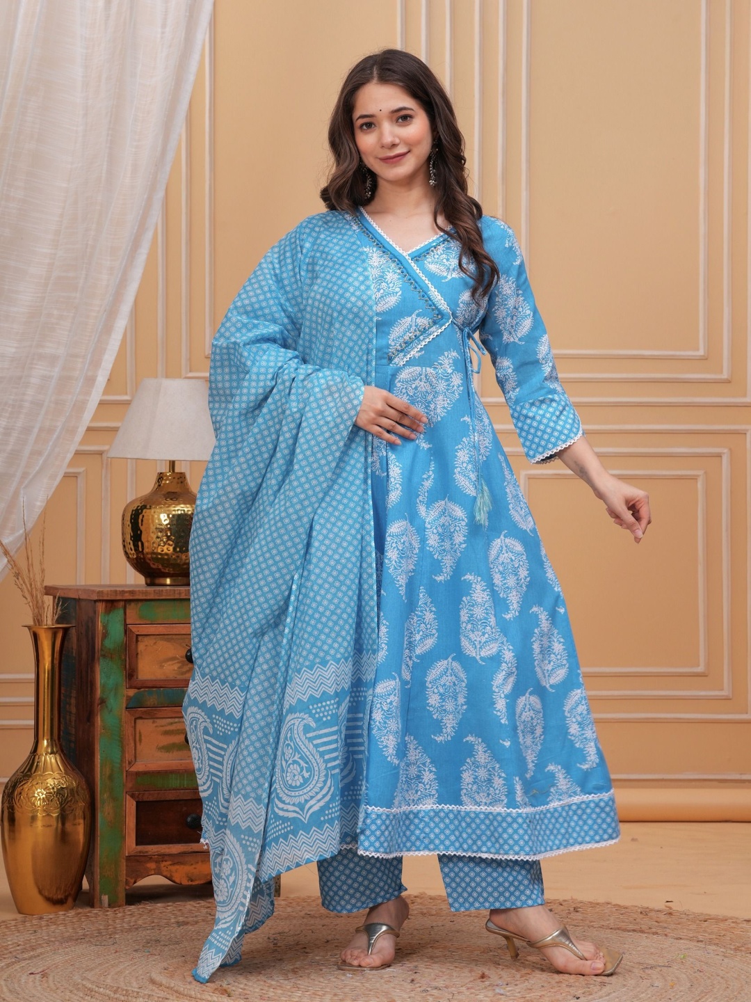 

PARTHVI Printed Beaded Angrakha Pure Cotton Anarkali Kurta With Trouser & Dupatta, Blue