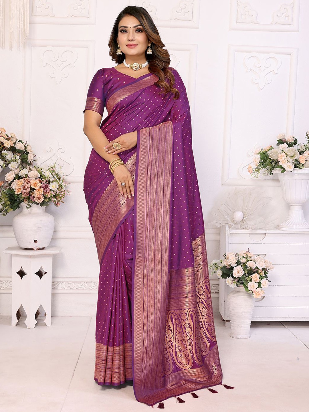 

Panzora Woven Design Zari Silk Blend Designer Banarasi Saree, Purple