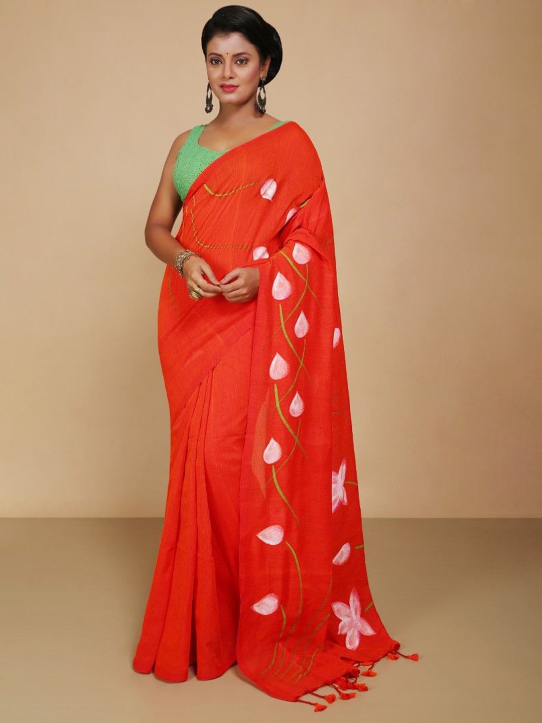 

BENGAL HANDLOOM Floral Pure Cotton Taant Saree, Orange