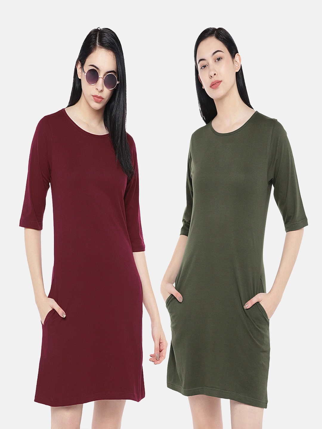 

STATUS MANTRA Pack of 2 Round Neck Pure Cotton T-shirt Dresses, Maroon