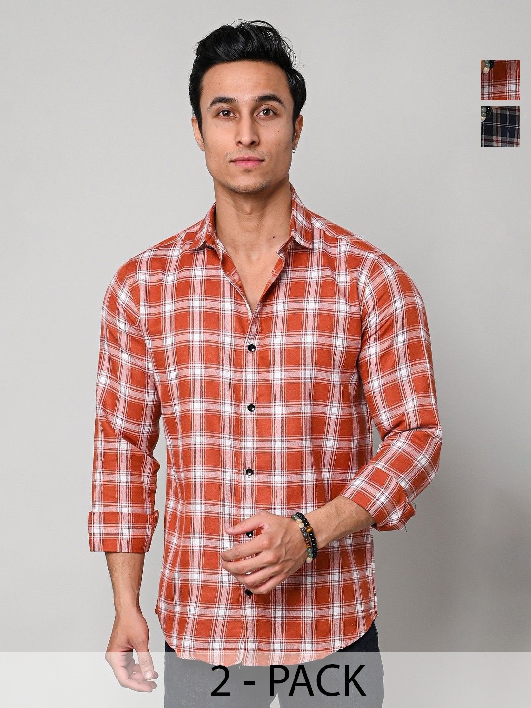 

Tanip Men Pack Of 2 Spread Collar Tartan Checked Cotton Casual Shirts, Orange
