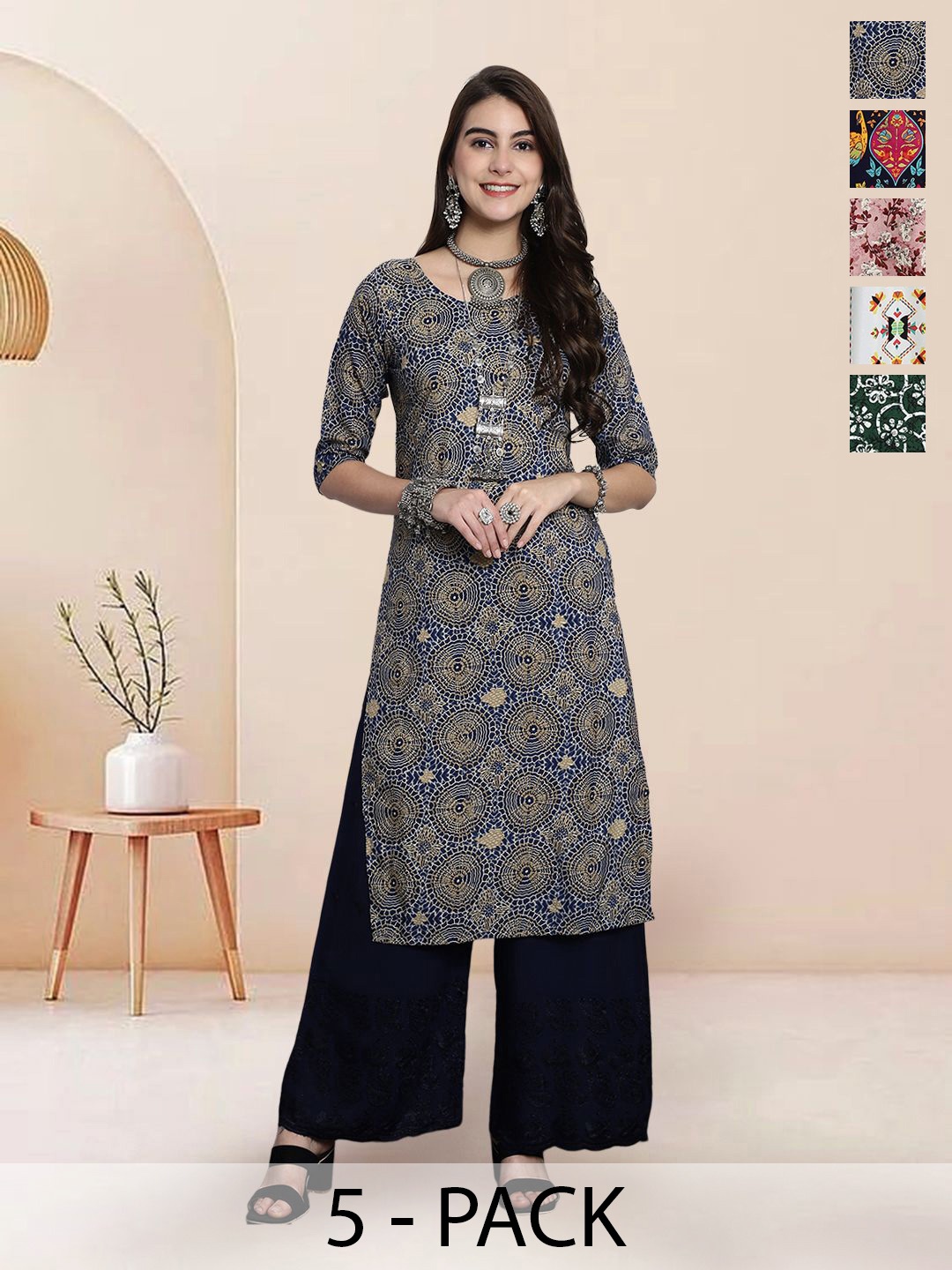 

7Threads Selection Of 5 Ethnic Motifs Printed Round Neck Straight Kurtas, Navy blue