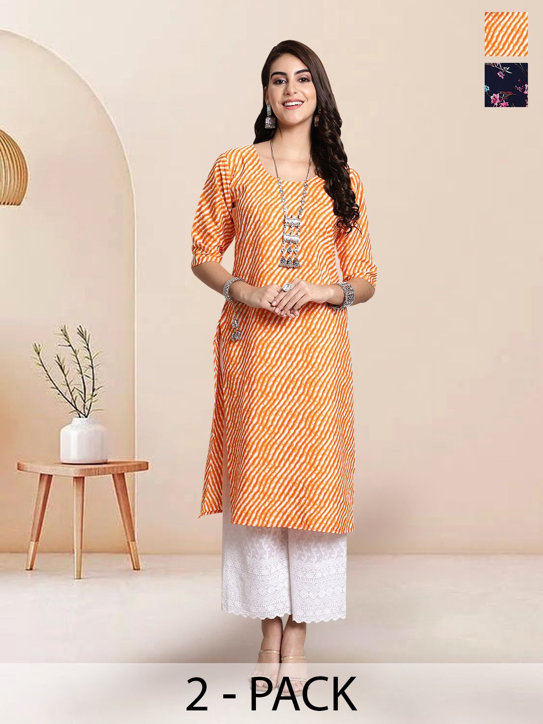 

7Threads Selection Of 2 Leheriya Printed Straight Kurtas, Yellow